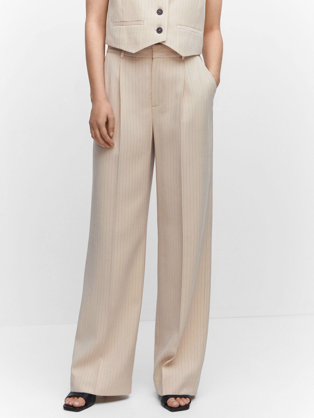 

MANGO Women Striped Pleated Formal Trousers, Beige