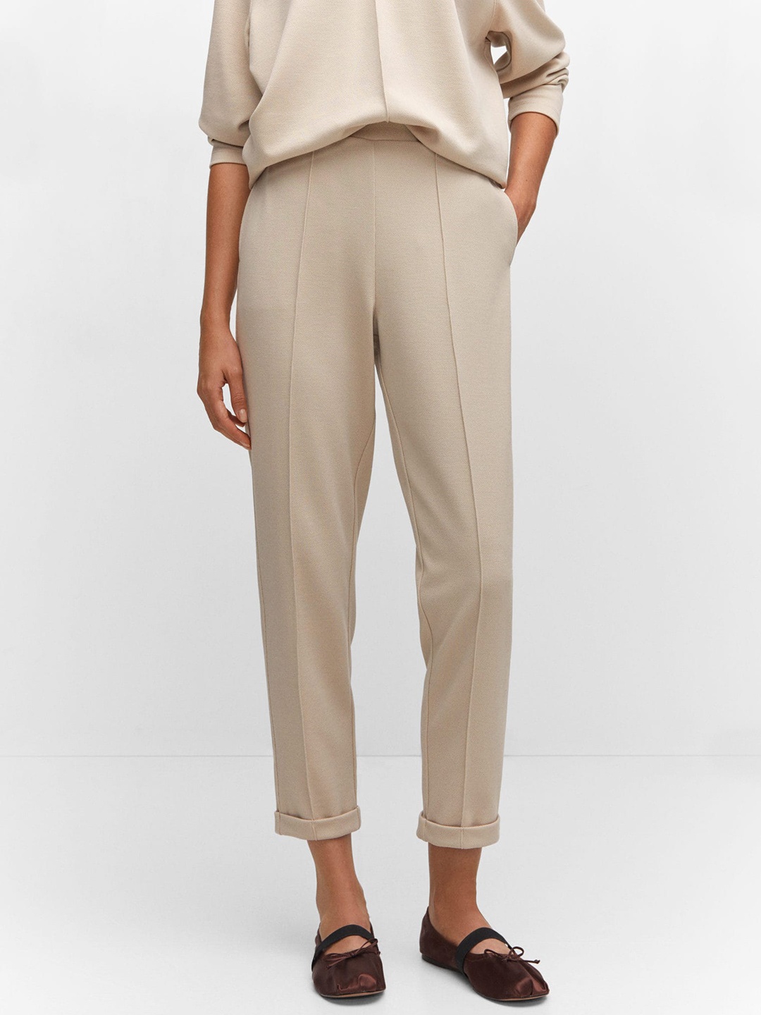 

MANGO Women Regular Trousers, Beige