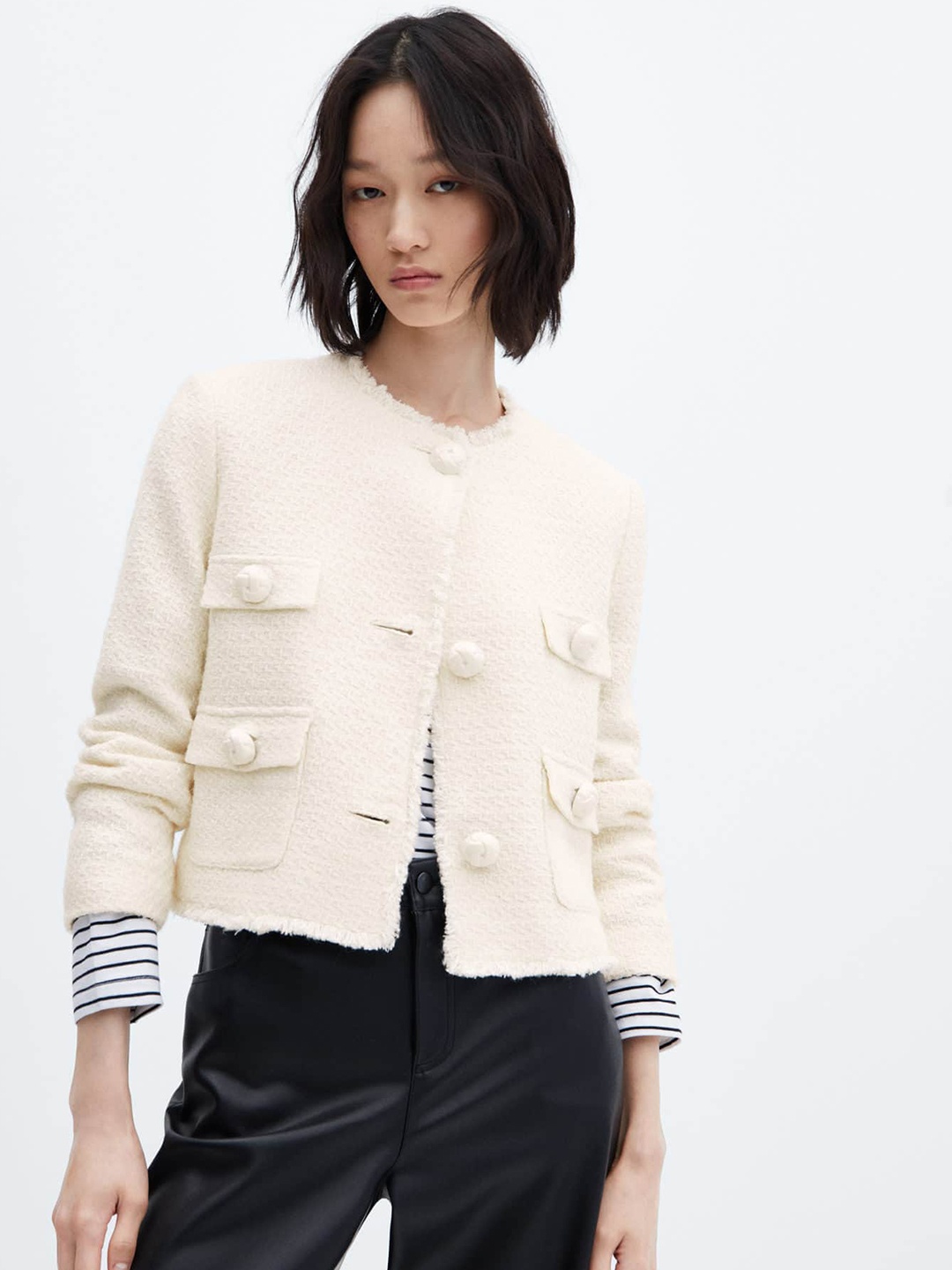 

MANGO Women Tweed Tailored Jacket, Cream