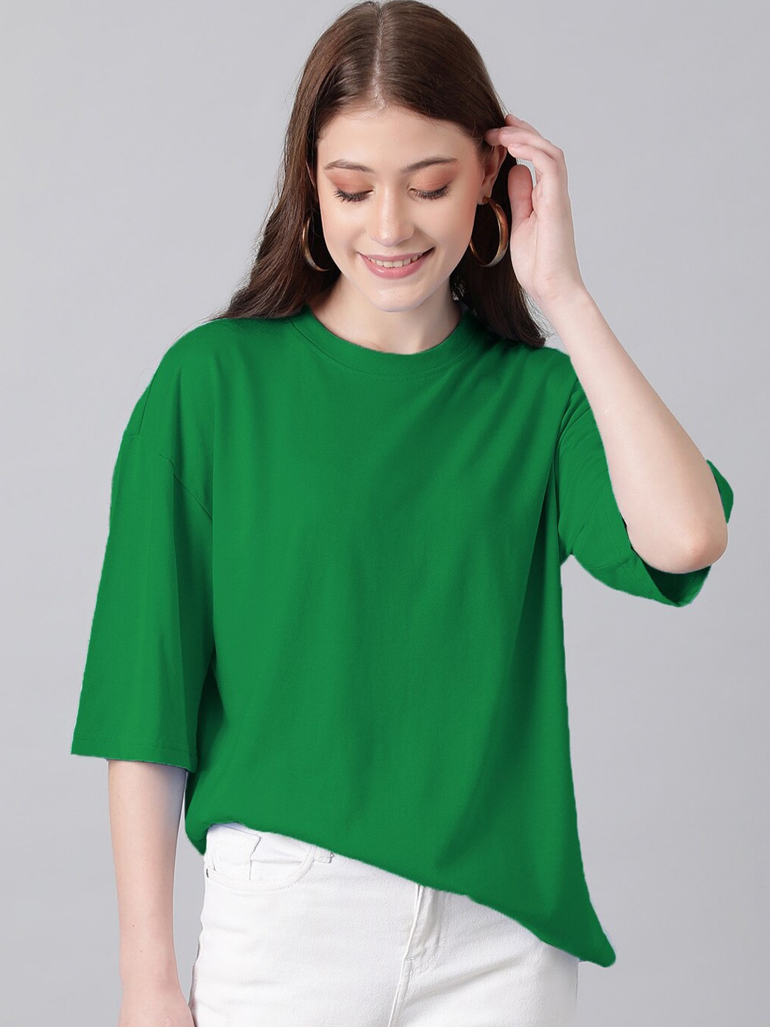 

KOTTY Basics Round Neck Drop-Shoulder Sleeves T-shirt, Green
