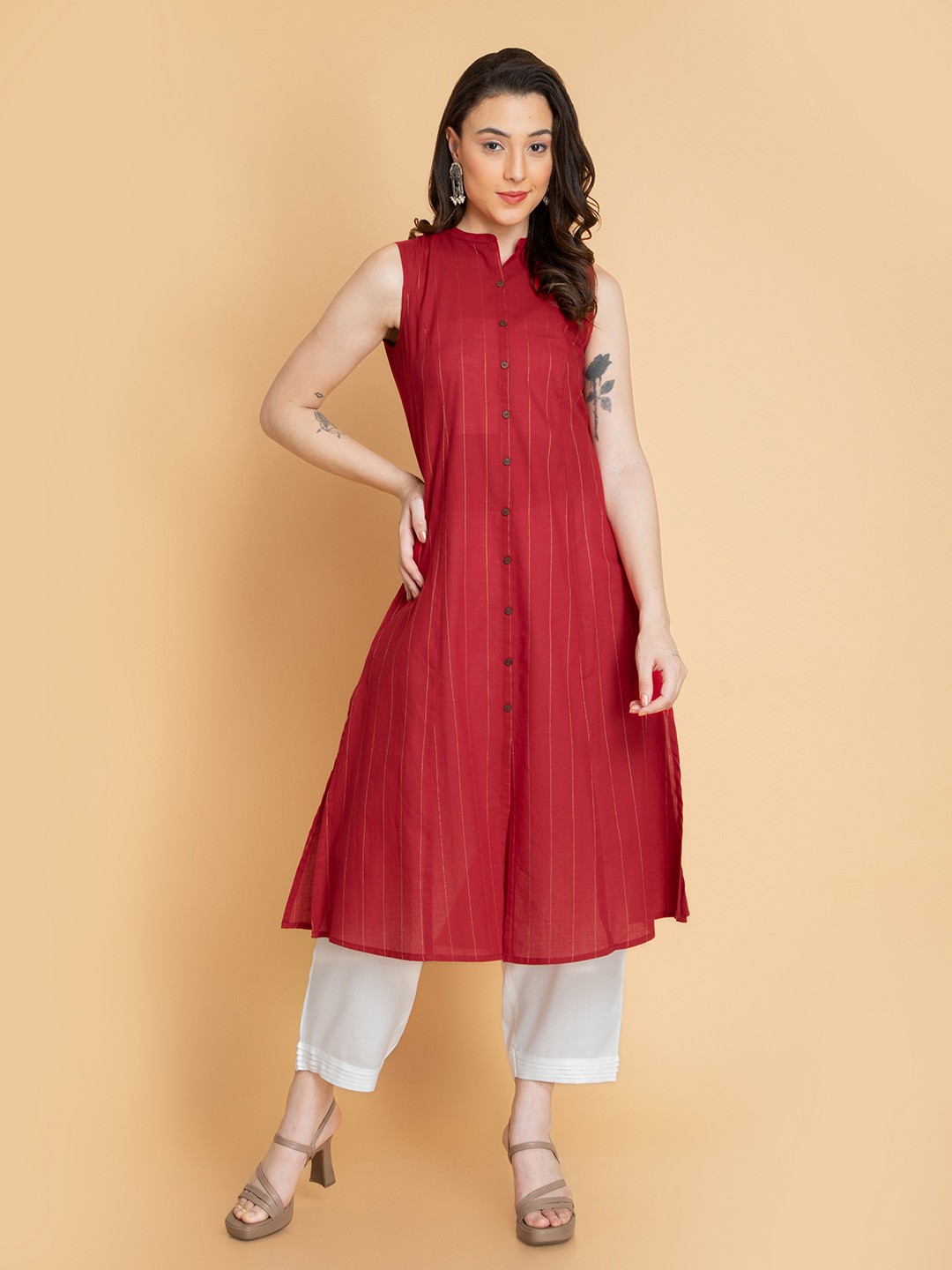 

SUTI Striped Printed Cotton A-Line Kurta, Maroon