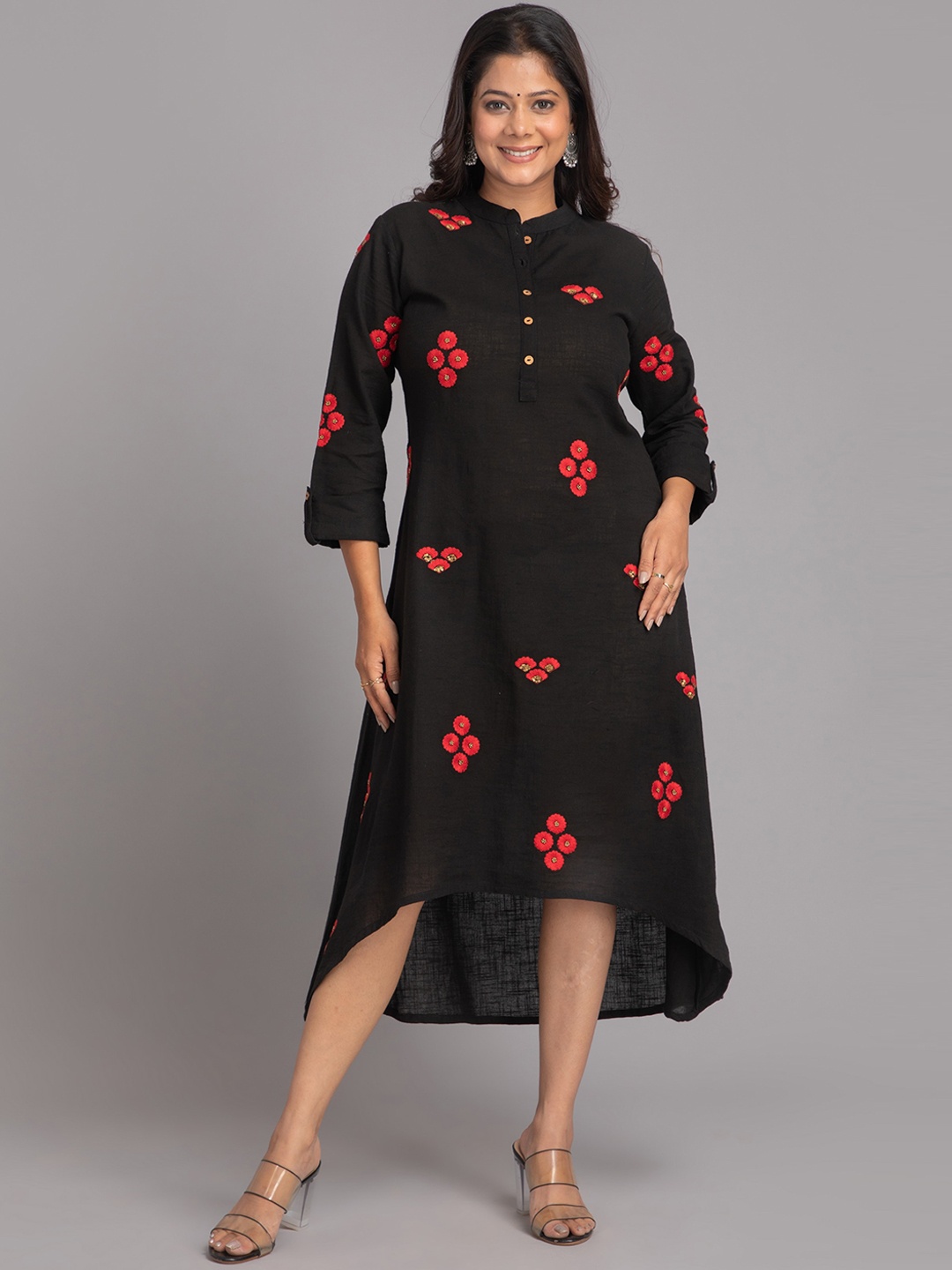 

SUTI Floral Embroidered Band Collar Cotton Fit & Flare Ethnic Dress, Black