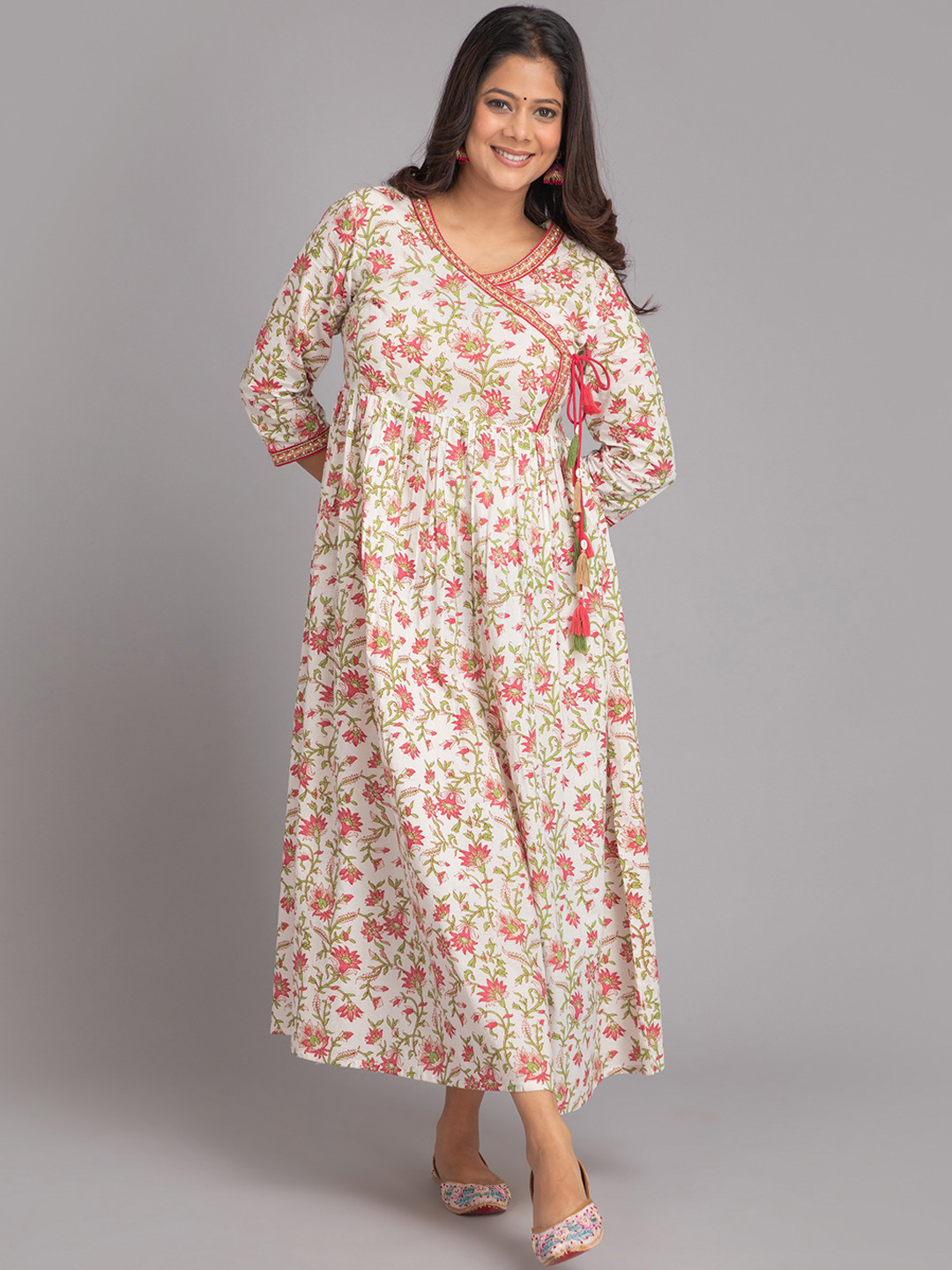 

SUTI Floral Printed V-Neck Gathered & Pleated Angrakha Style Cotton Ethnic Dress, White