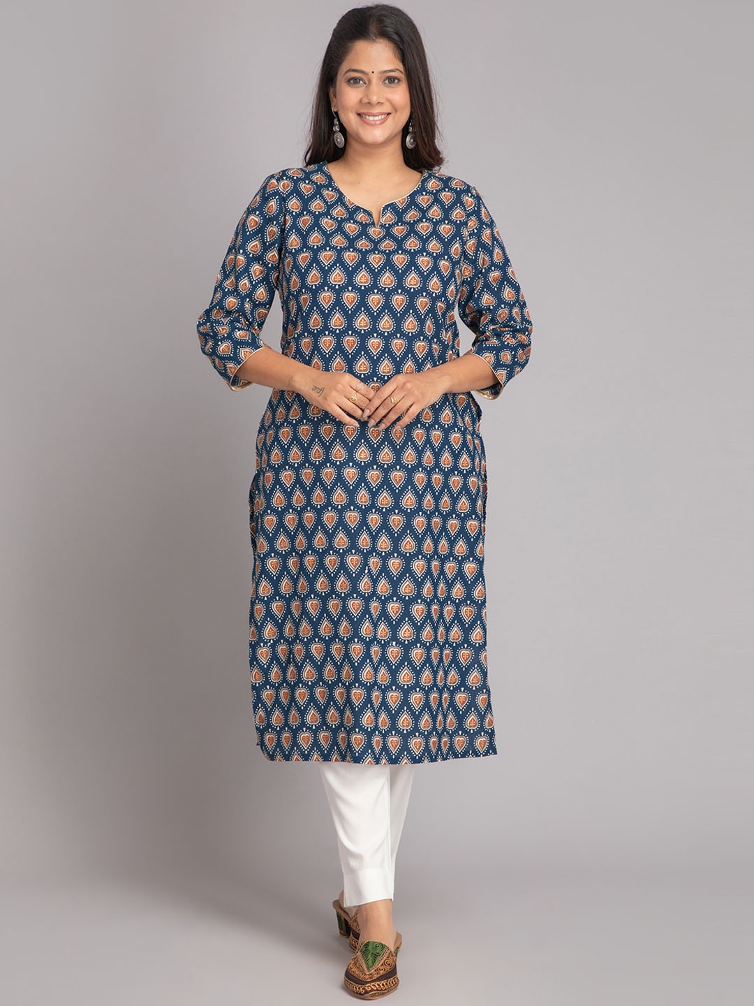 

SUTI Ethnic Motifs Printed Round Neck With Notched Straight Kurta, Blue