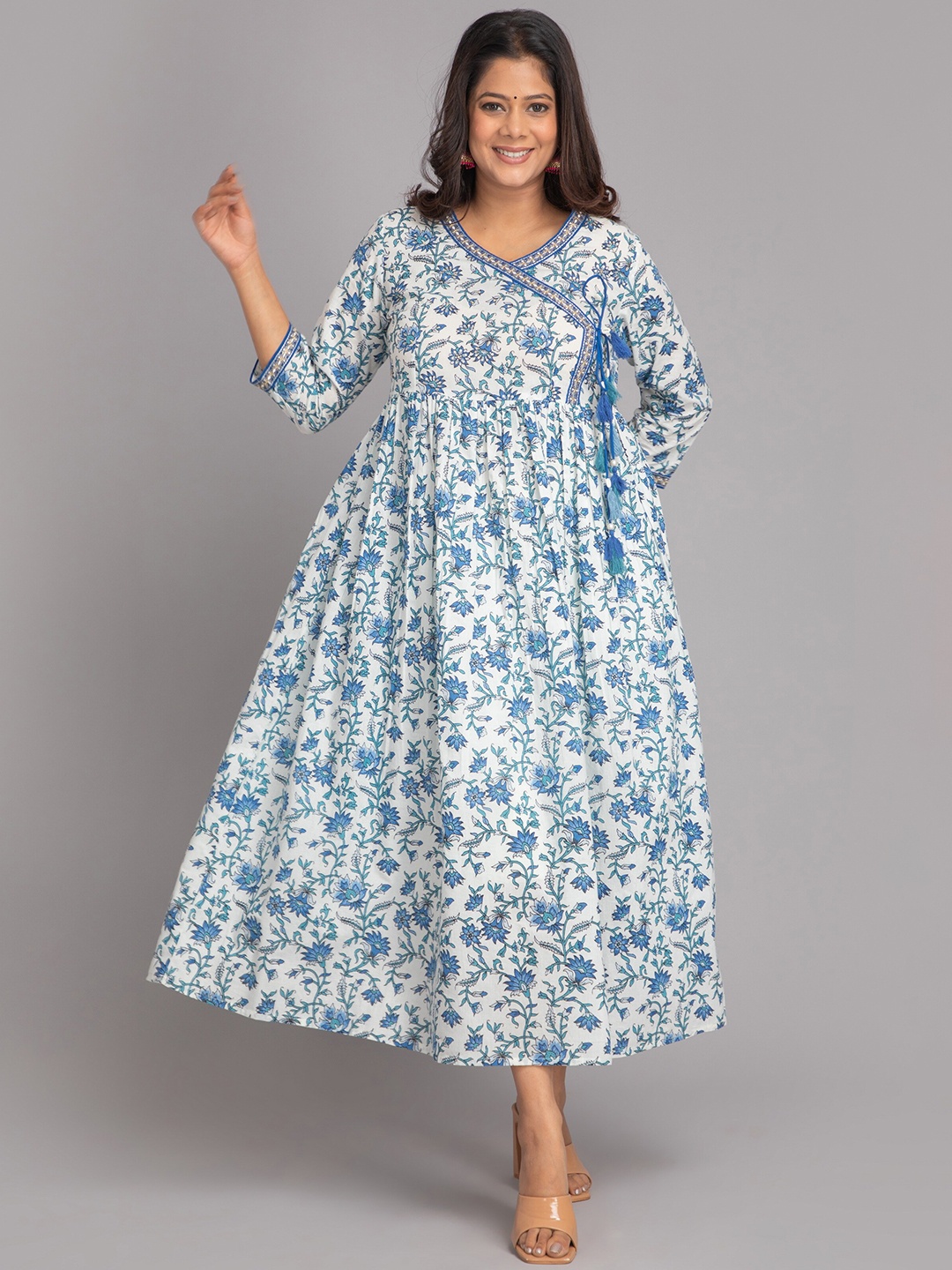 

SUTI Floral Printed V-Neck Gathered & Pleated Angrakha Style Cotton Ethnic Dress, Blue