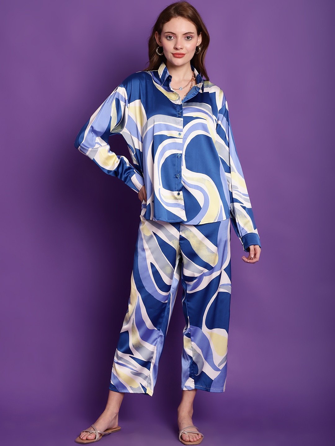 

Tag 7 Loose-Fit Printed Satin Shirt & Trousers Co-Ords, Blue