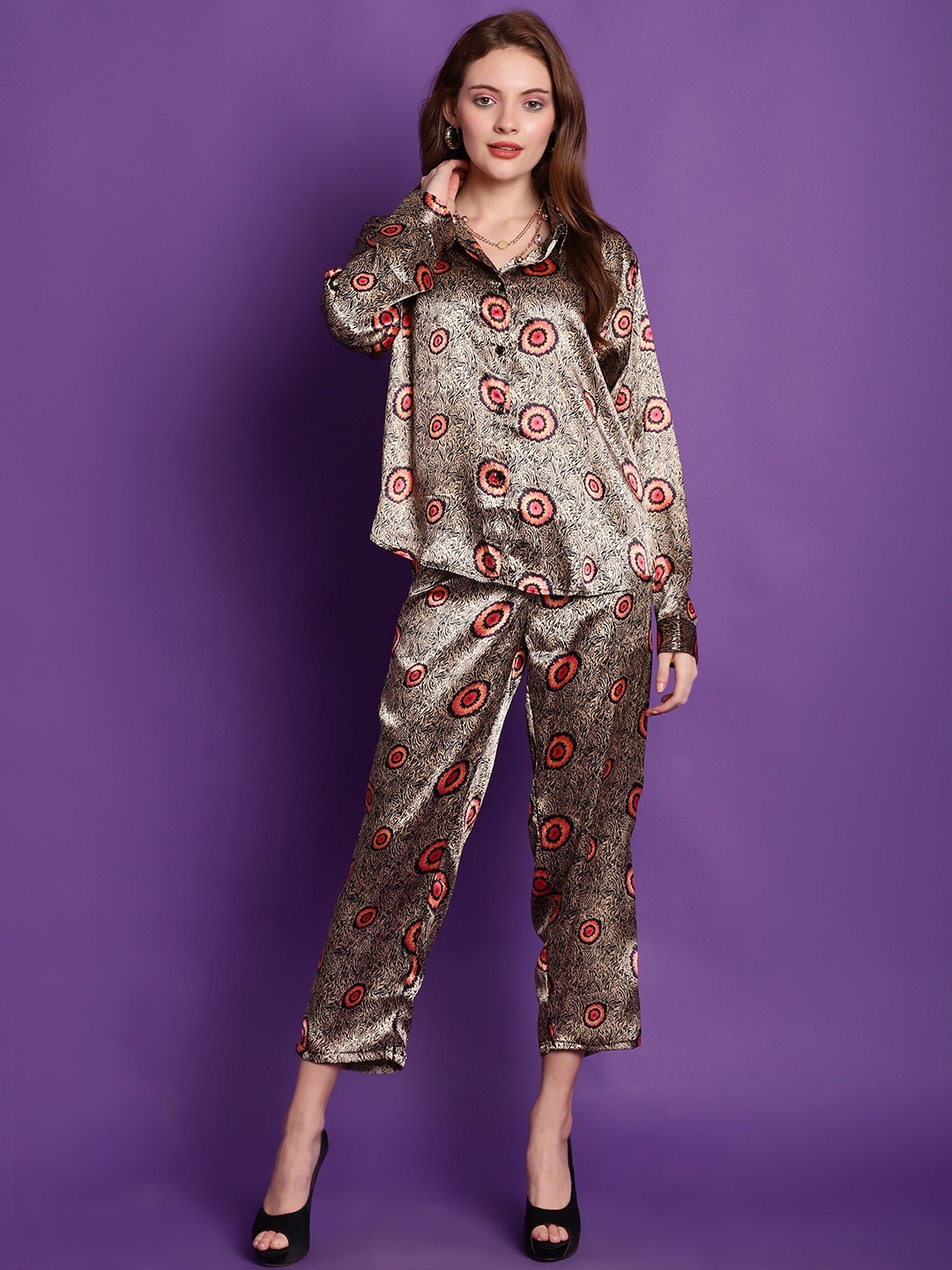 

Tag 7 Printed Loose-Fit Satin Shirt & Trousers, Gold