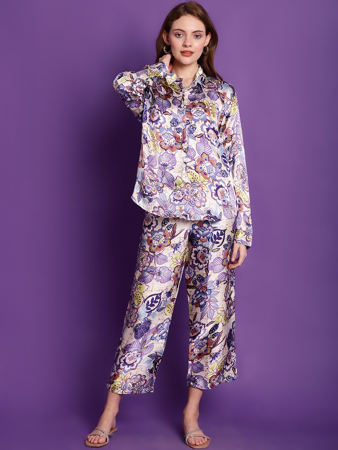 

Tag 7 Loose-Fit Floral Print Satin Shirt & Trousers Co-Ords, Purple