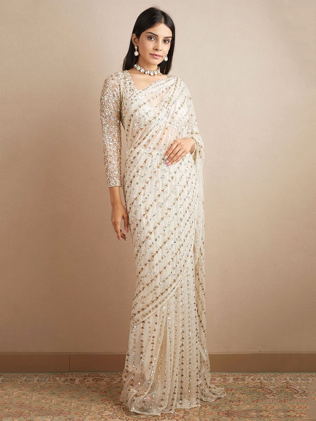 

Angroop Embellished Sequinned Saree, Off white