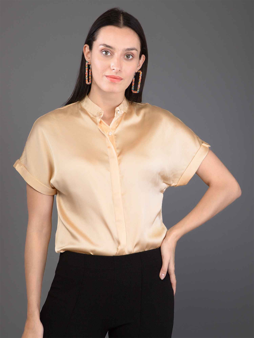 

PURYS Classic Mandarin Collar Satin Casual Shirt, Off white