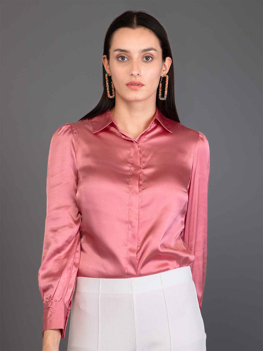 

PURYS Classic Spread Collar Satin Casual Shirt, Pink