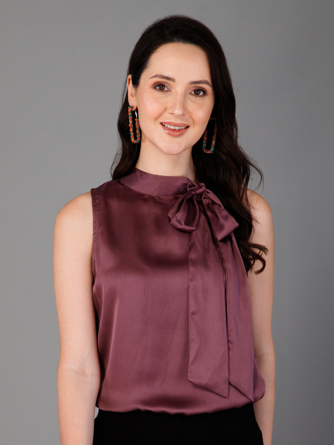 

PURYS Tie-Up Neck Satin Blouson Top, Purple