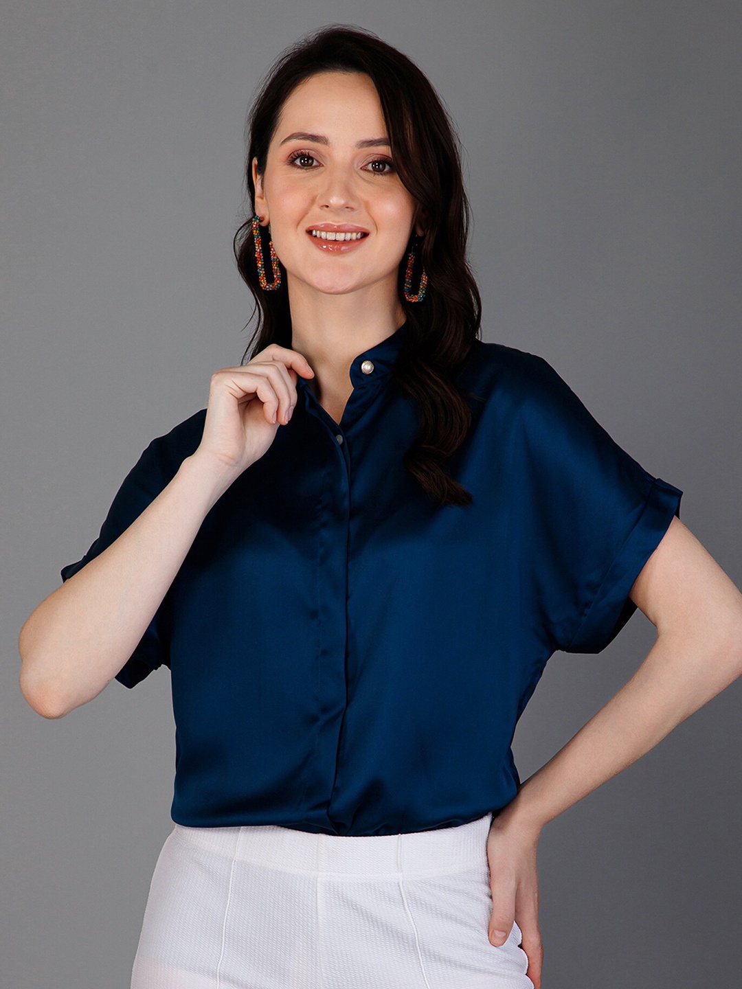 

PURYS Classic Mandarin Collar Satin Casual Shirt, Teal