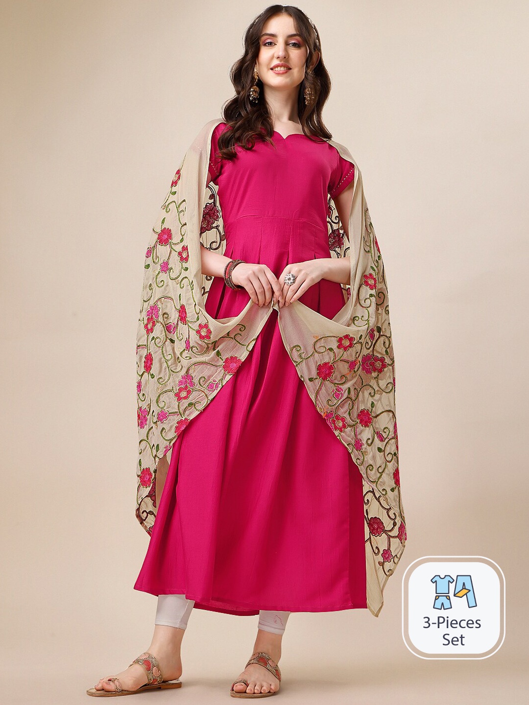 

KALINI Round Notched Neck Gotta Patti Pure Silk Anarkali Kurta With Dupatta, Pink