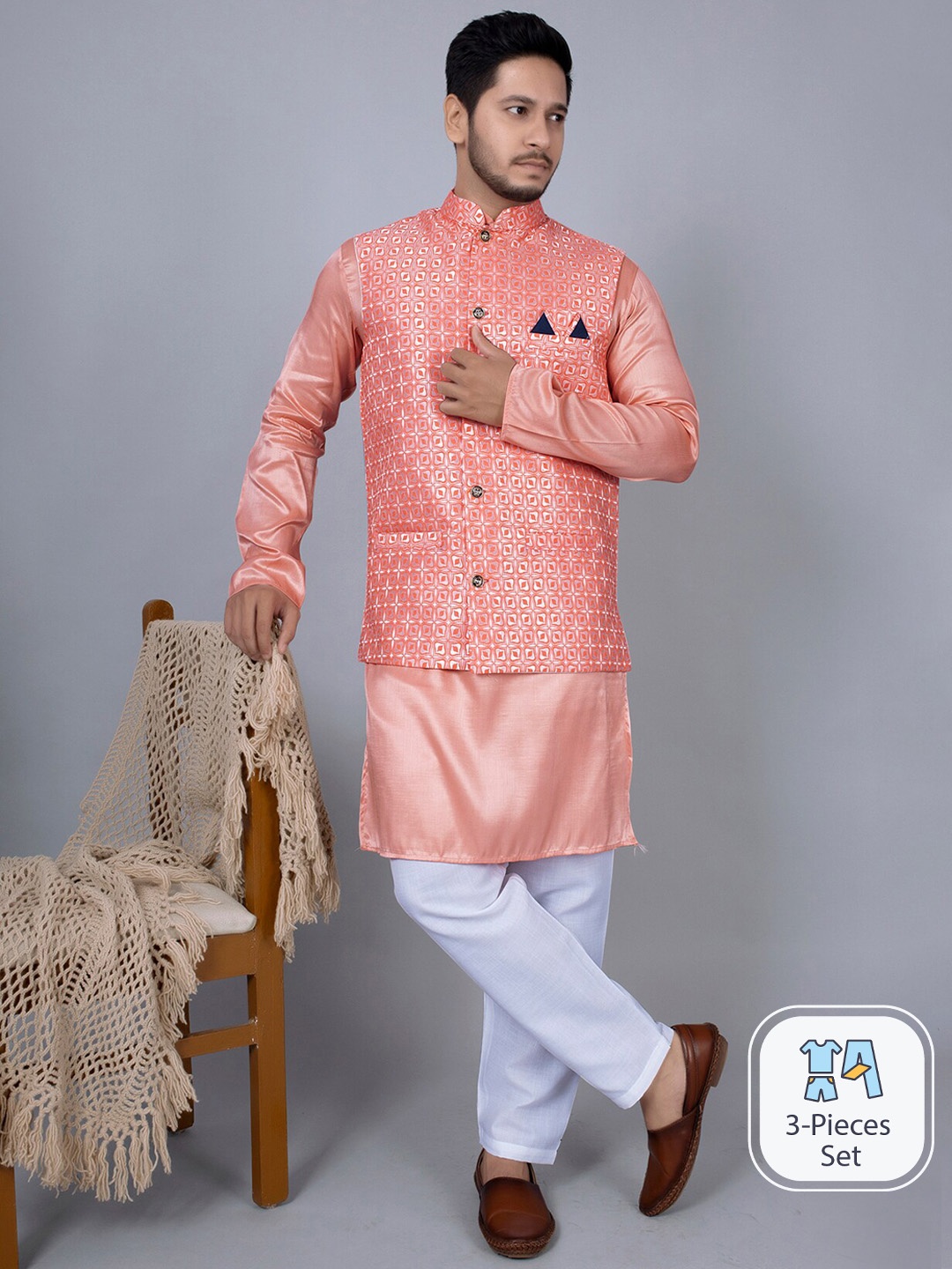 

amzira Regular Kurta And Pyjamas With Nehru Jacket, Orange