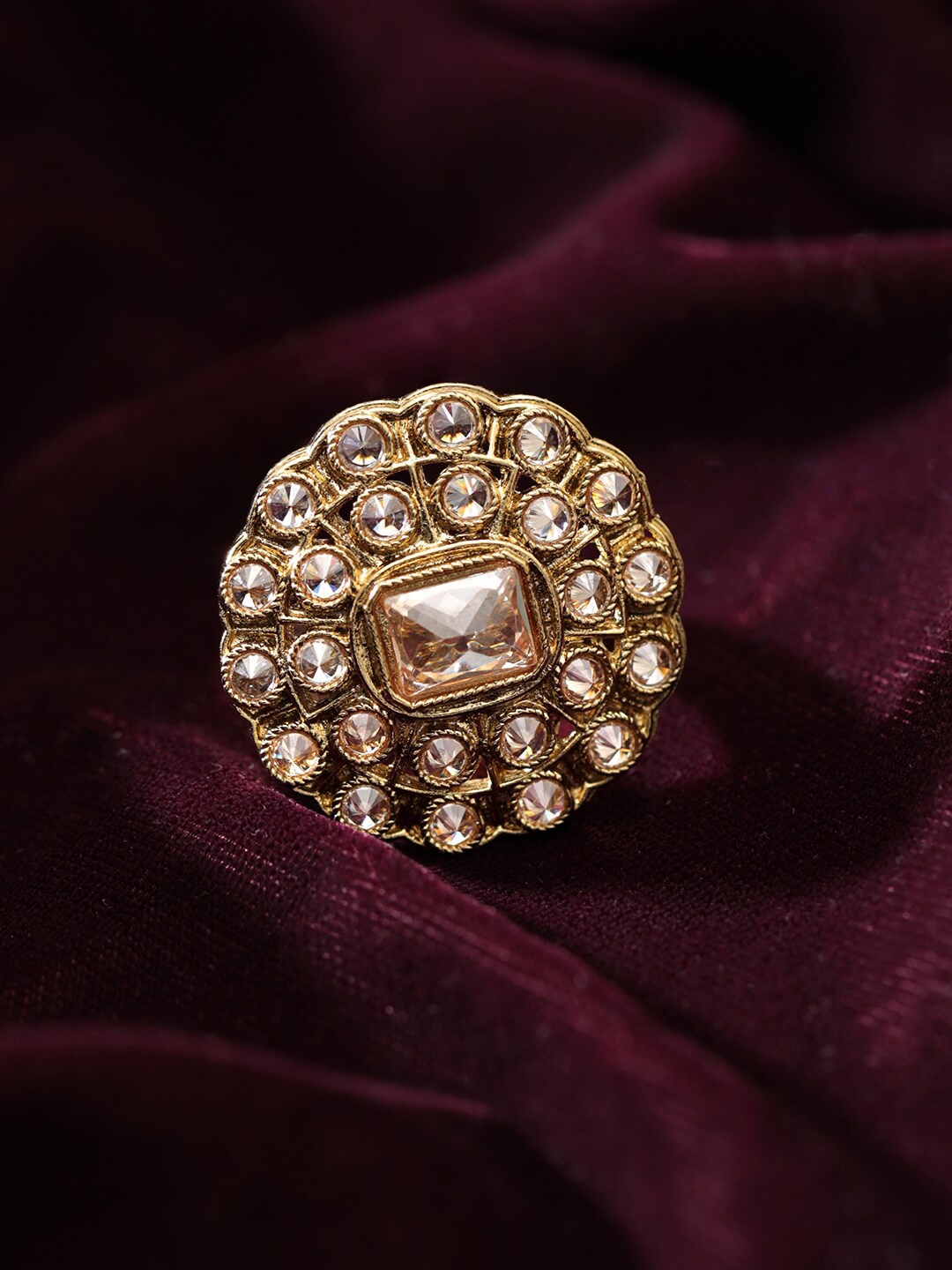 

Rubans 22K Gold Plated Kundan & Zicronia Studded in Gold Tone Adjustable Finger Ring