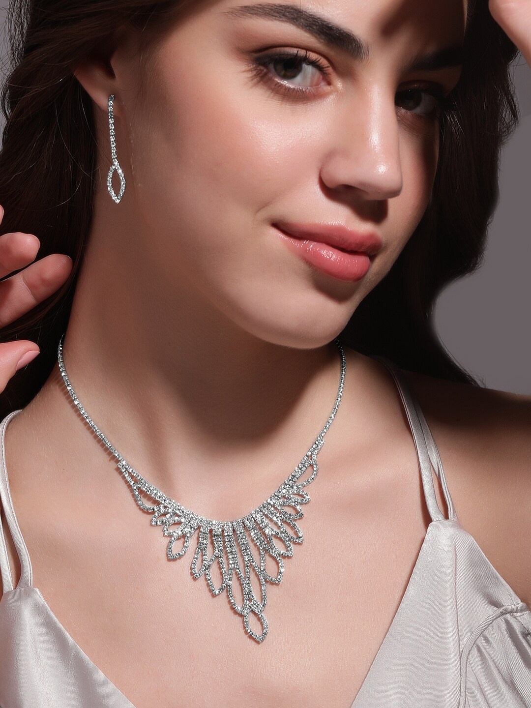 

Rubans Rhodium-Plated American Diamond Jewellery Set, Silver