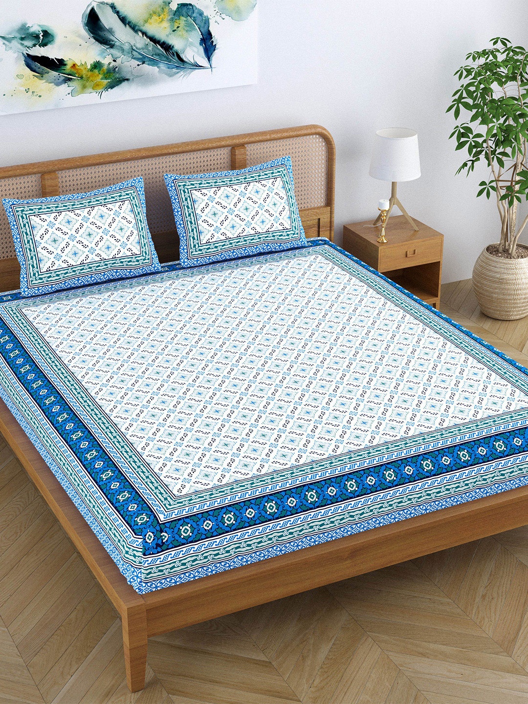 

SheetKart White & Blue Ethnic Motifs 120 TC Queen Bedsheet with 2 Pillow Covers
