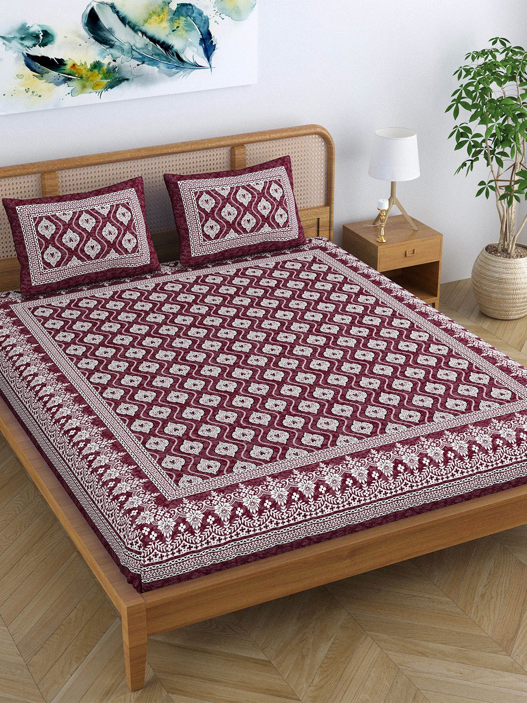 

SheetKart Maroon & White Printed Cotton 120 TC Queen Bedsheet with 2 Pillow Covers