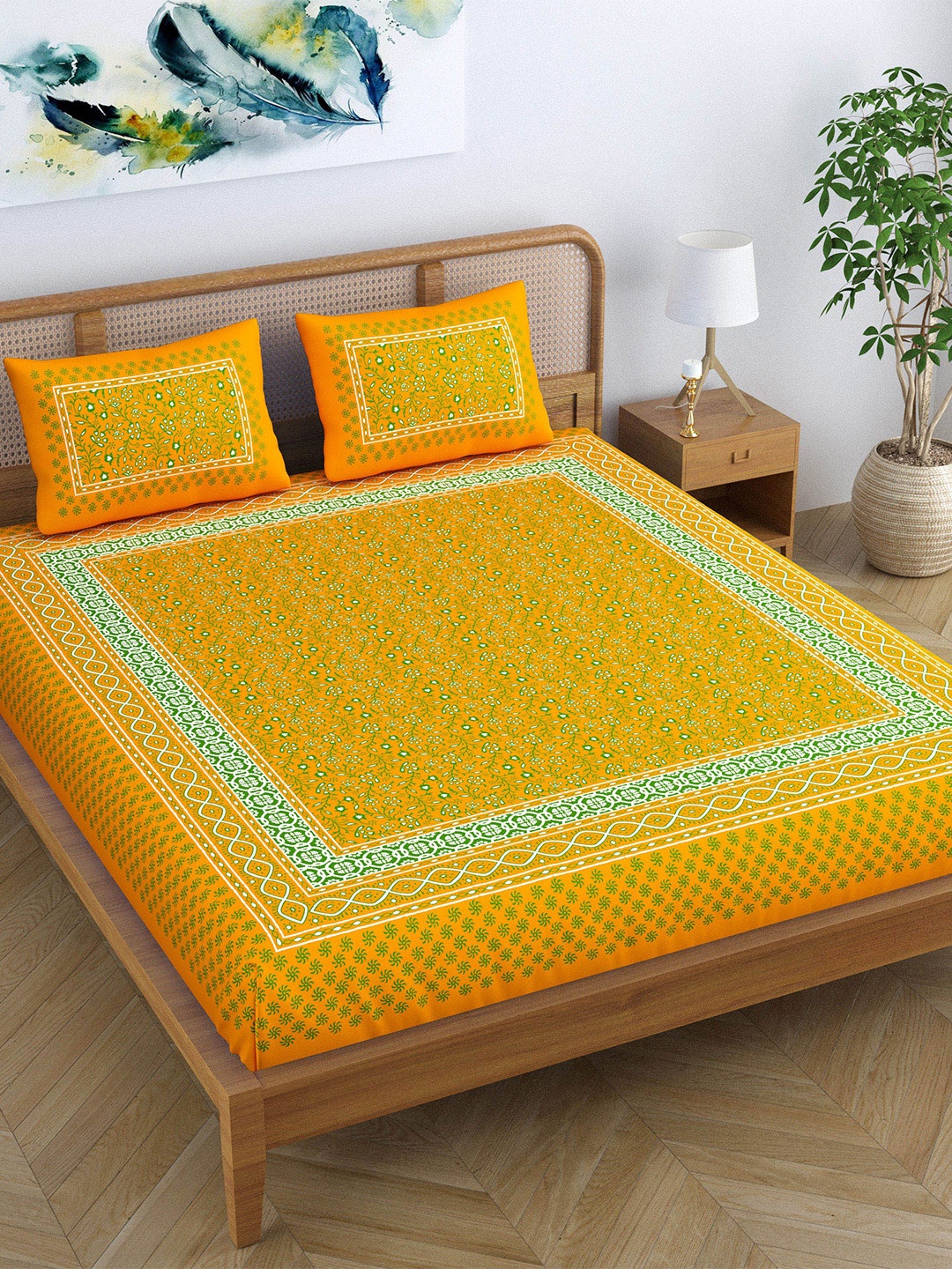 

SheetKart Yellow & Green Printed Cotton 120 TC Queen Bedsheet with 2 Pillow Covers