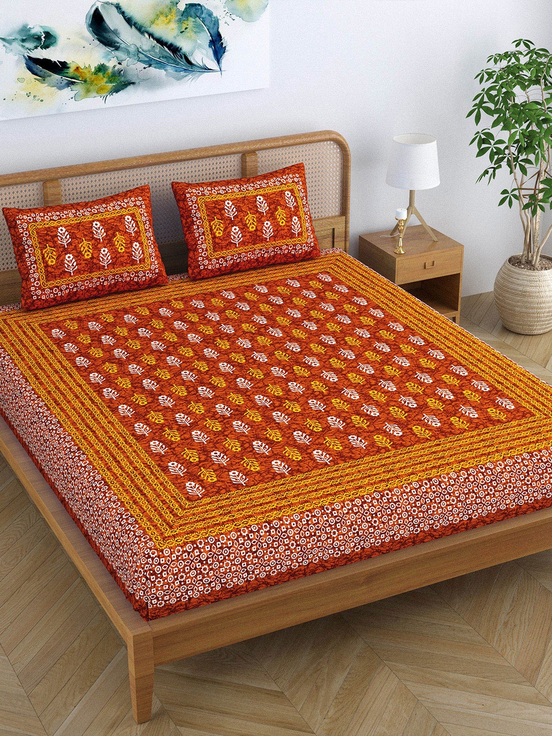 

SheetKart Red & Orange Printed Cotton 120 TC Queen Bedsheet with 2 Pillow Covers