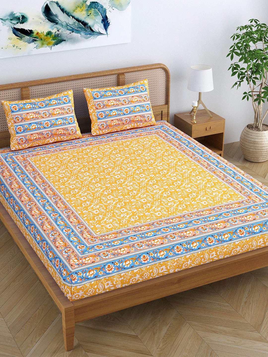 

SheetKart Yellow & Blue Ethnic Motifs 120 TC Queen Bedsheet with 2 Pillow Covers