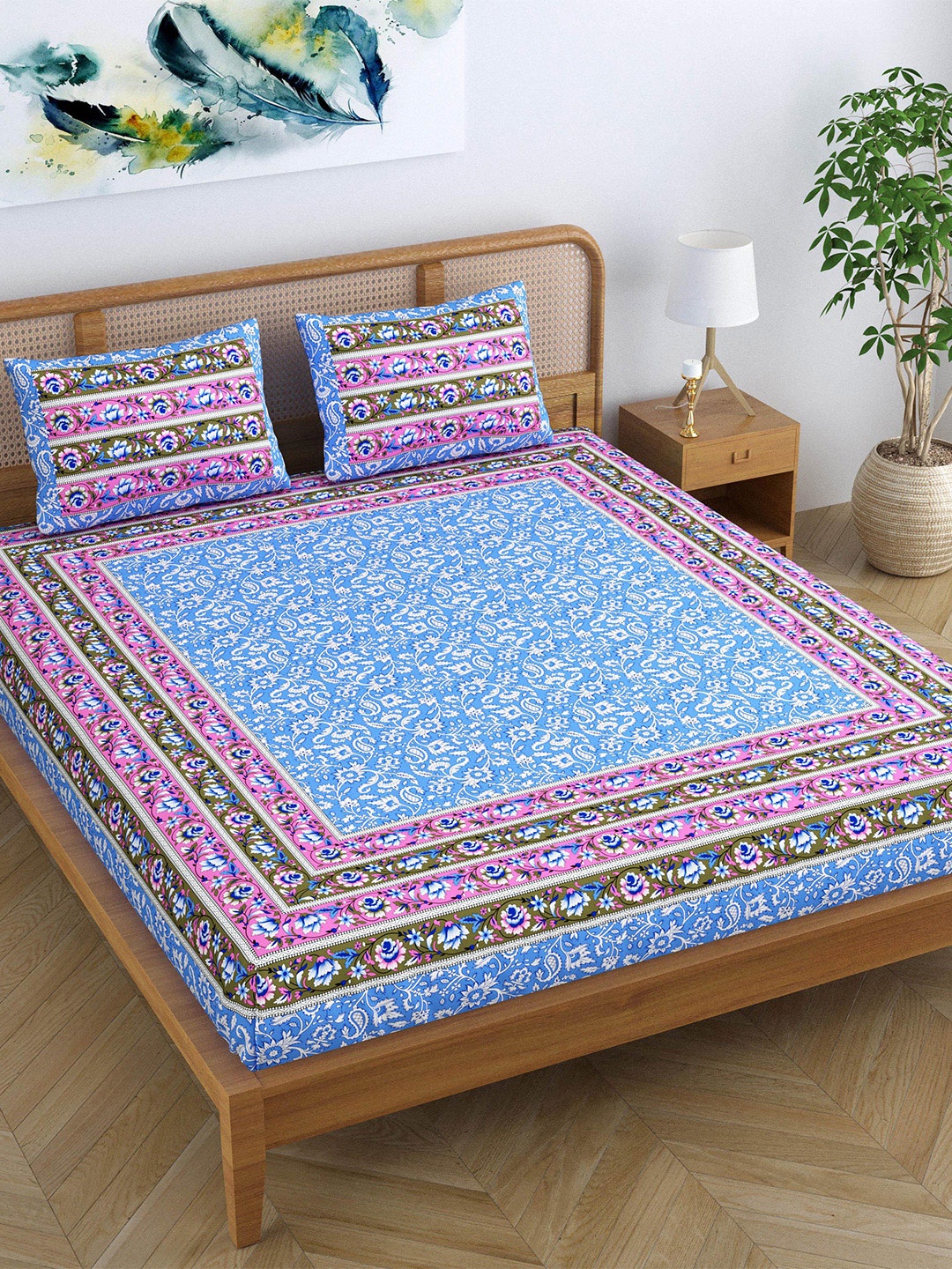 

SheetKart Blue & White Ethnic Motifs 120 TC Queen Bedsheet with 2 Pillow Covers