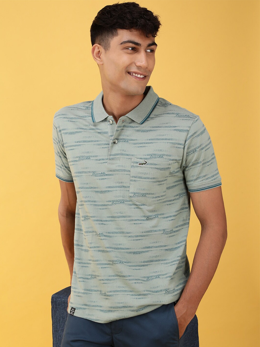 

Crocodile Striped Polo Collar Slim Fit Cotton T-shirt, Green