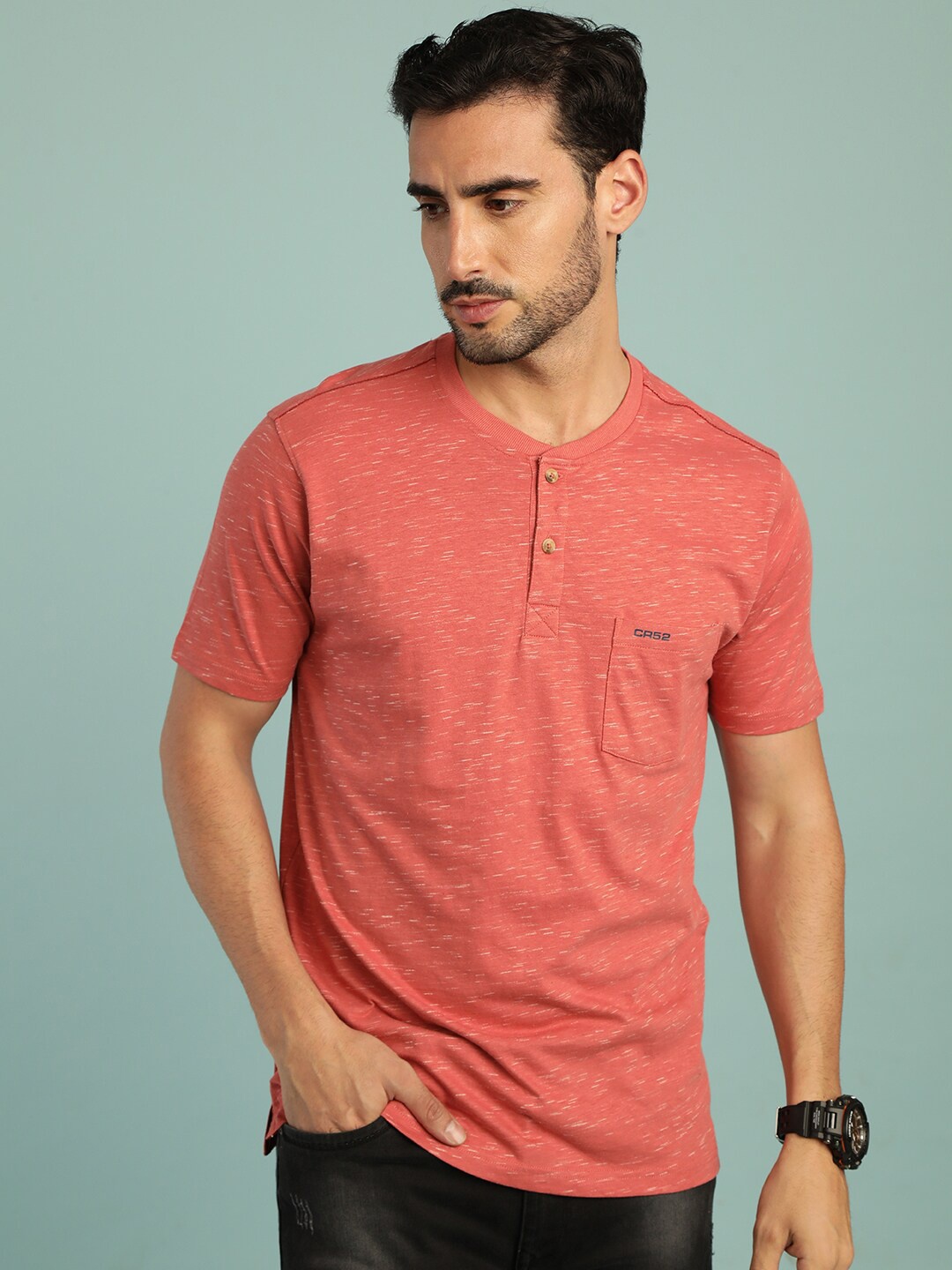 

Crocodile Geometric Printed Henley Neck Slim Fit Cotton T-shirt, Coral