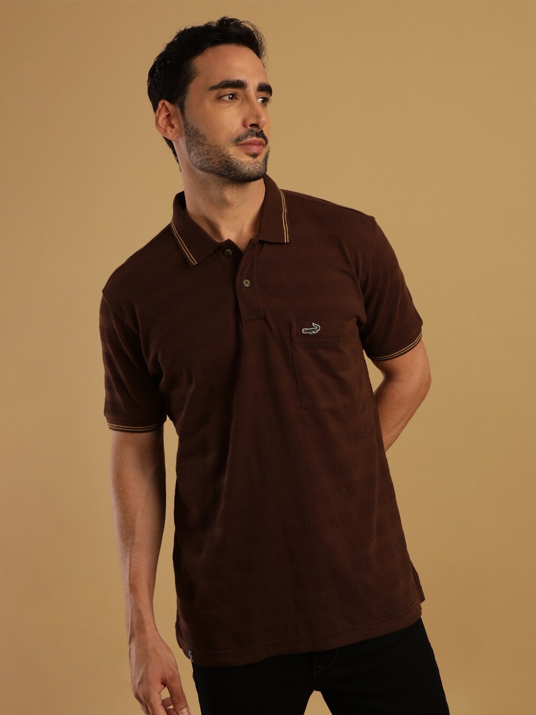 

Crocodile Self Design Polo Collar Slim Fit Cotton T-shirt, Brown