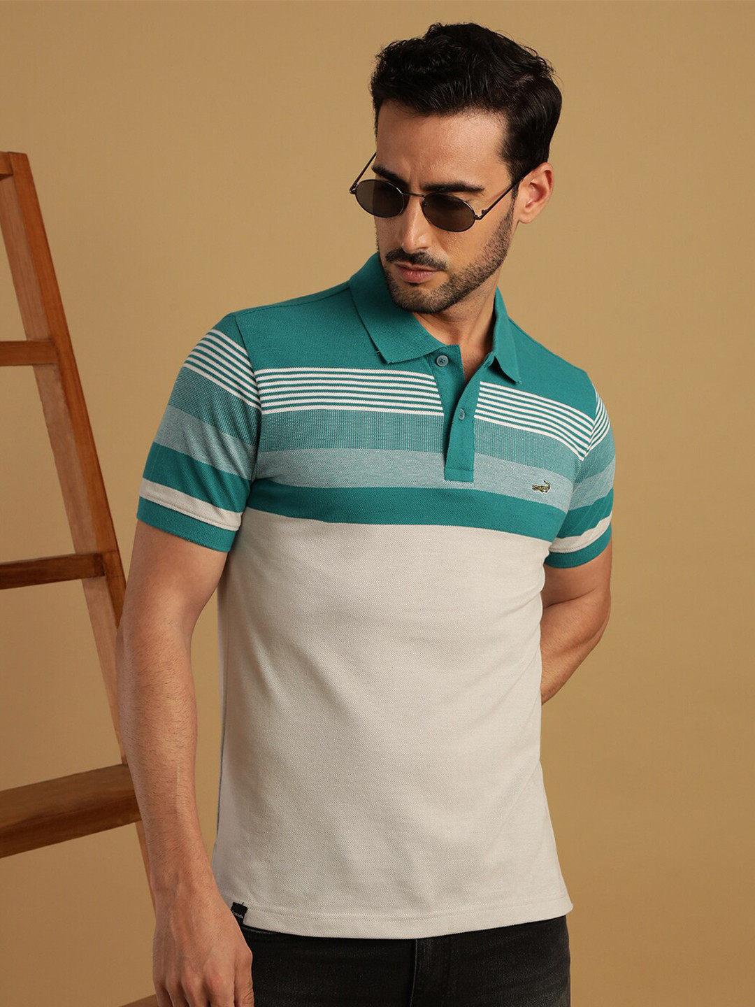 

Crocodile Striped Polo Collar Slim Fit Cotton T-shirt, Sea green