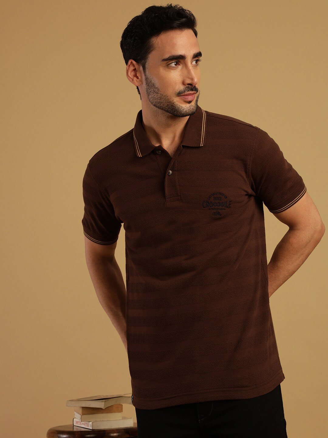 

Crocodile Self Design Polo Collar Slim Fit Cotton T-shirt, Brown