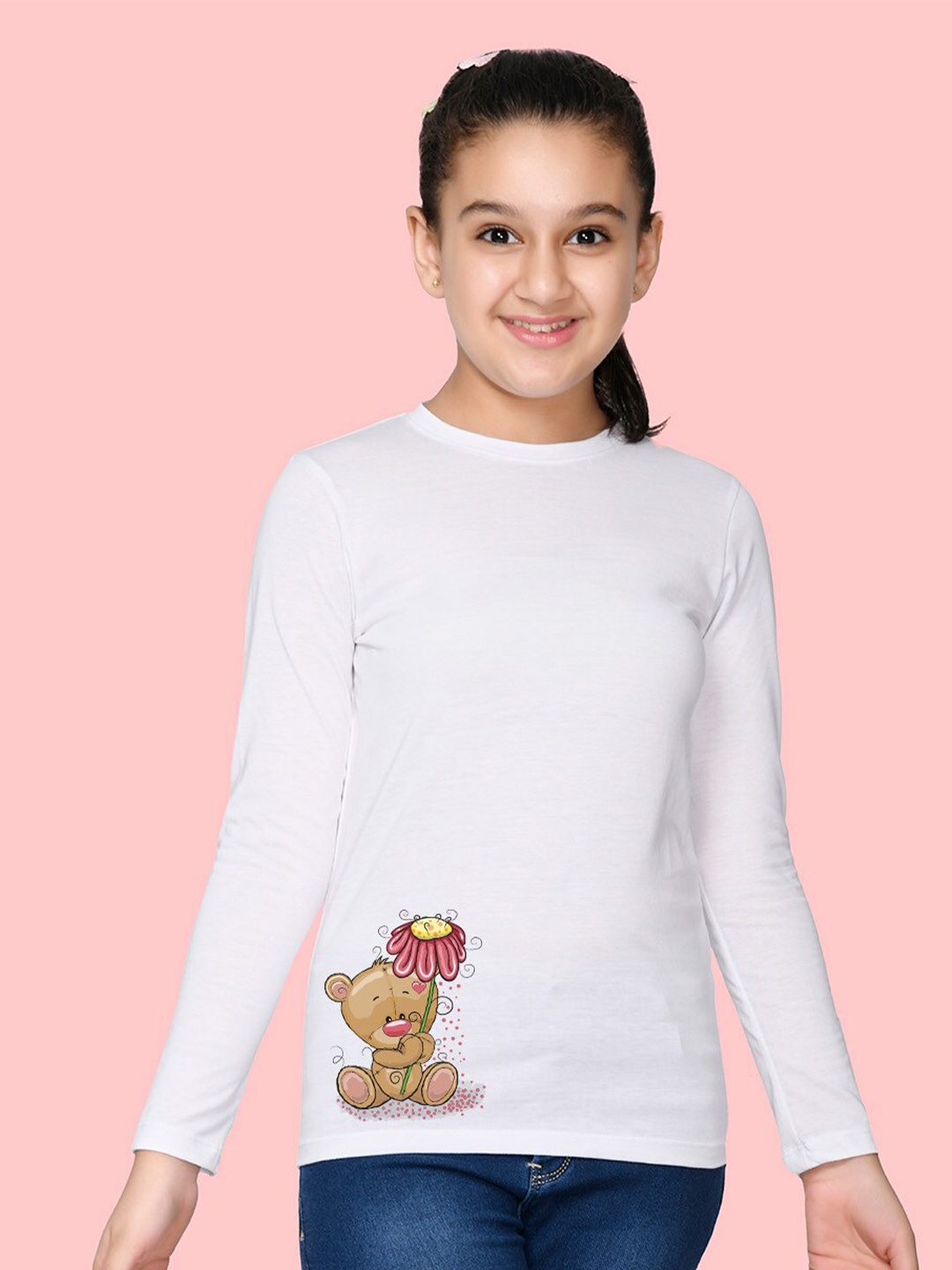 

NUSYL Girls Teddy Bear Printed T-shirt, White