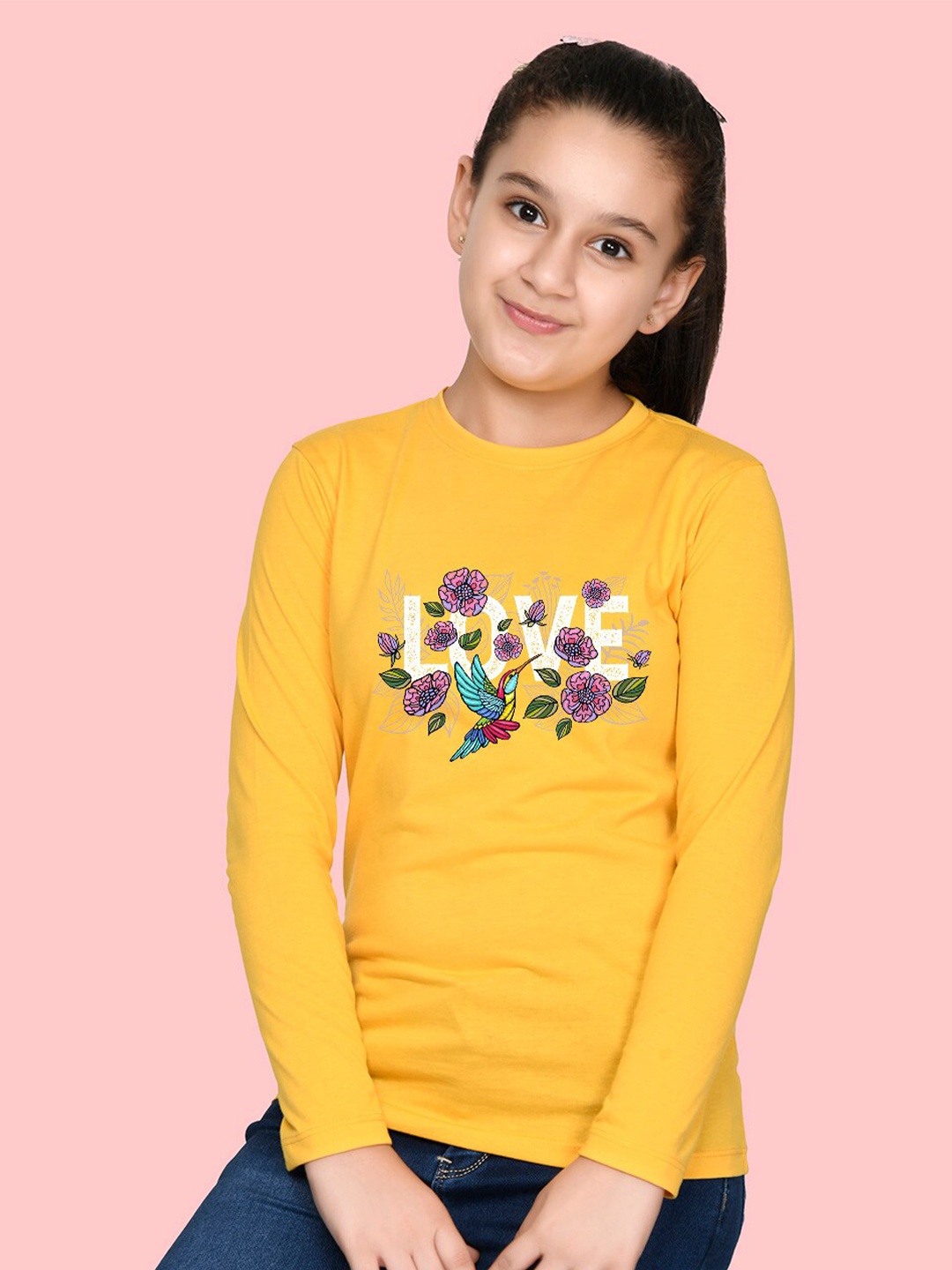 

NUSYL Girls Floral Printed Full Sleeves T-shirt, Yellow