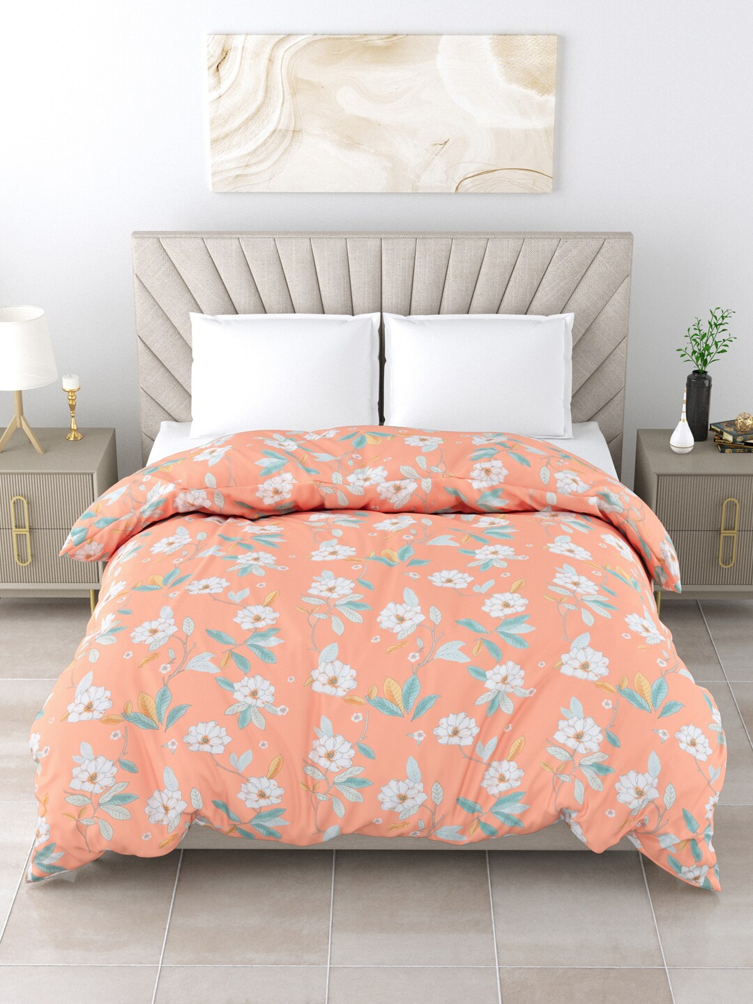 

Salona Bichona Peach-Coloured & White Floral AC Room 150 GSM Double Bed Comforter