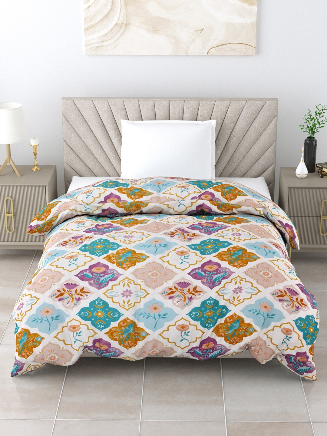 

Salona Bichona Blue & Mustard Ethnic Motifs AC Room 150 GSM Single Bed Comforter