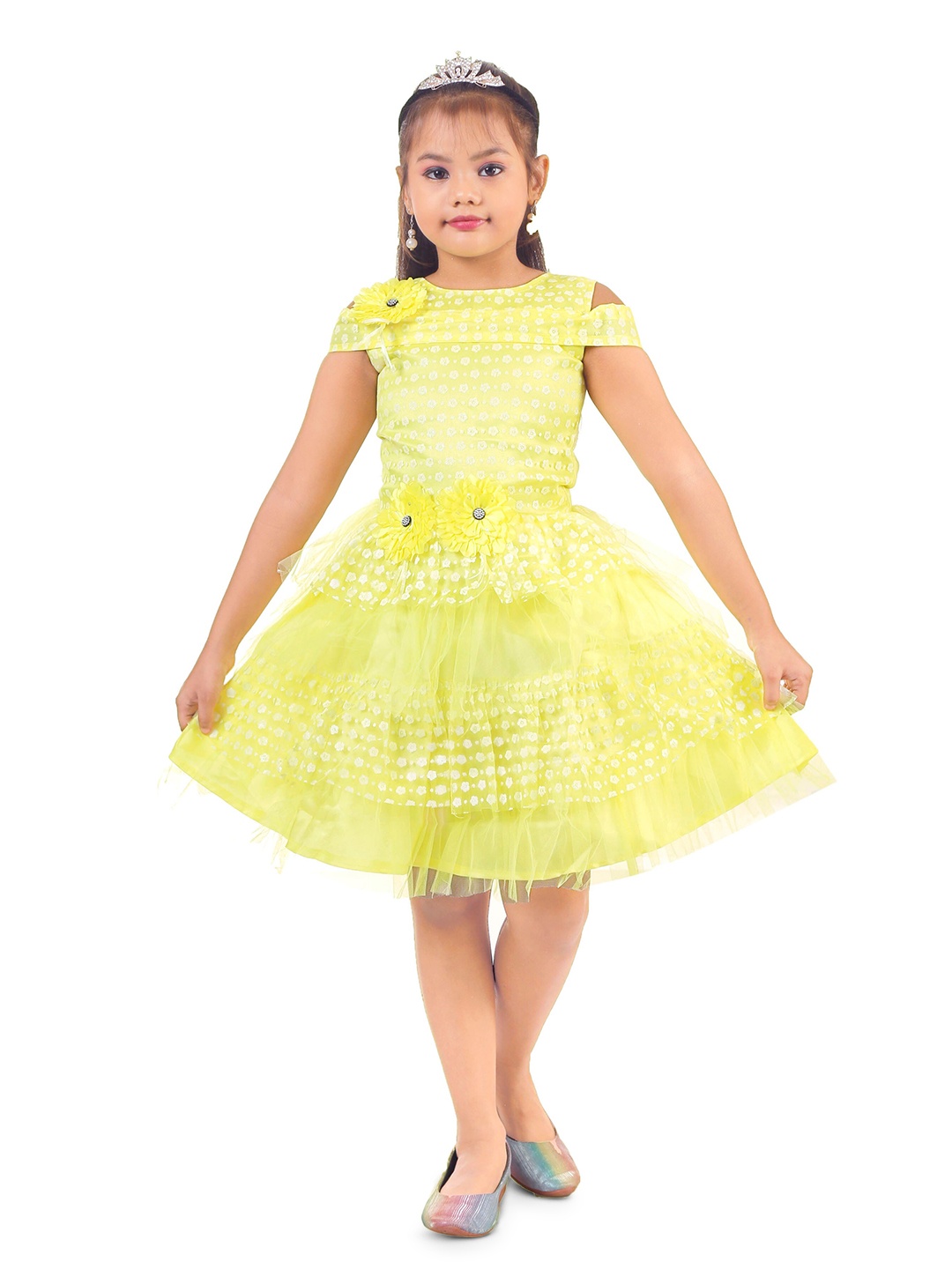 

BAESD Girls Self Design Cold Shoulder Tulle Net Fit & Flare Dress, Yellow