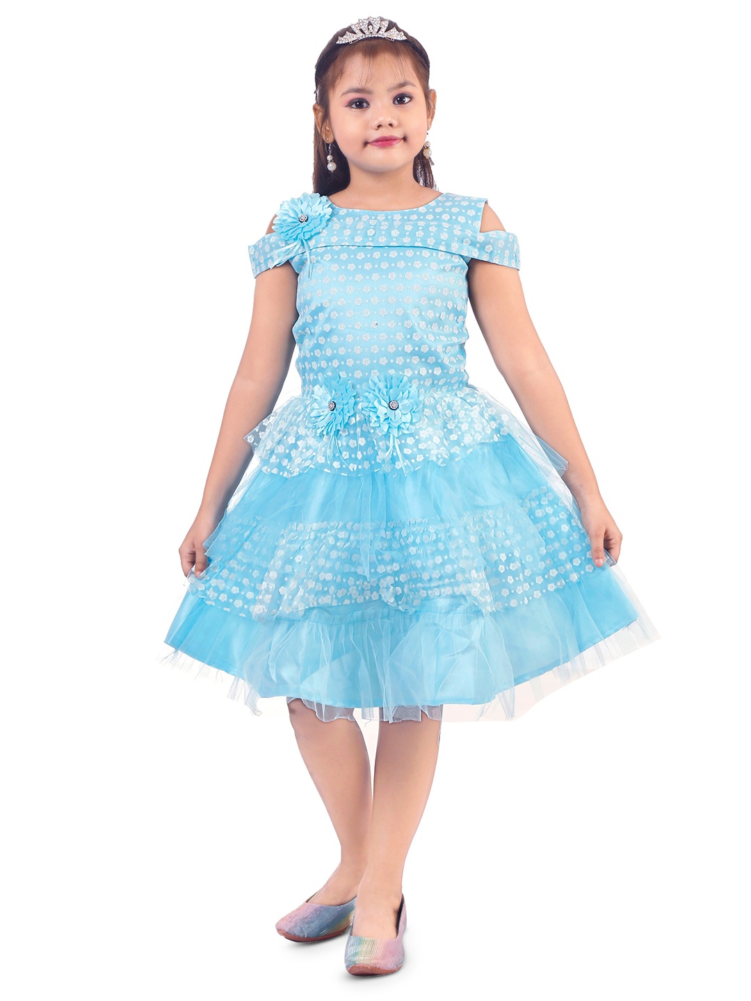 

BAESD Girls Self Design Cold Shoulder Tulle Net Fit & Flare Dress, Blue