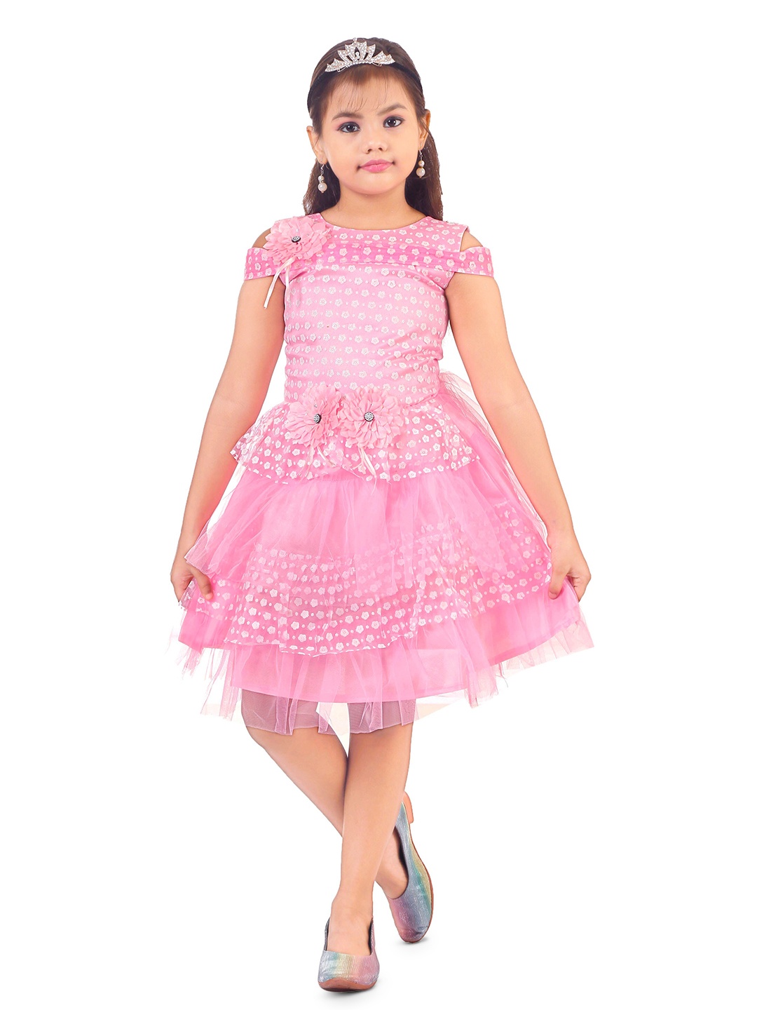

BAESD Girls Self Design Layered Net Fit & Flare Dress, Pink