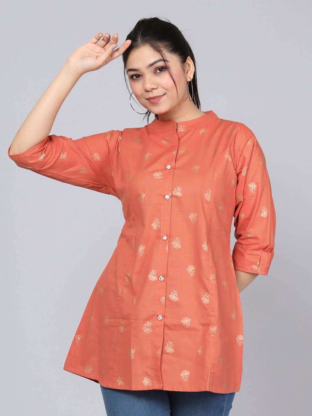 

HIGHLIGHT FASHION EXPORT Floral Printed Mandarin Collar Top, Orange