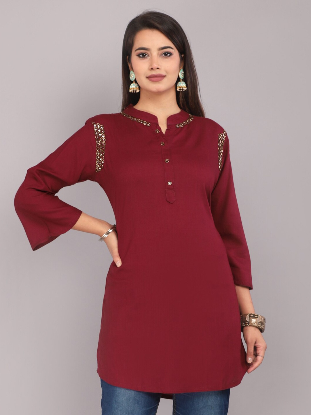 

HIGHLIGHT FASHION EXPORT Mandarin Collar Sequined Top, Maroon
