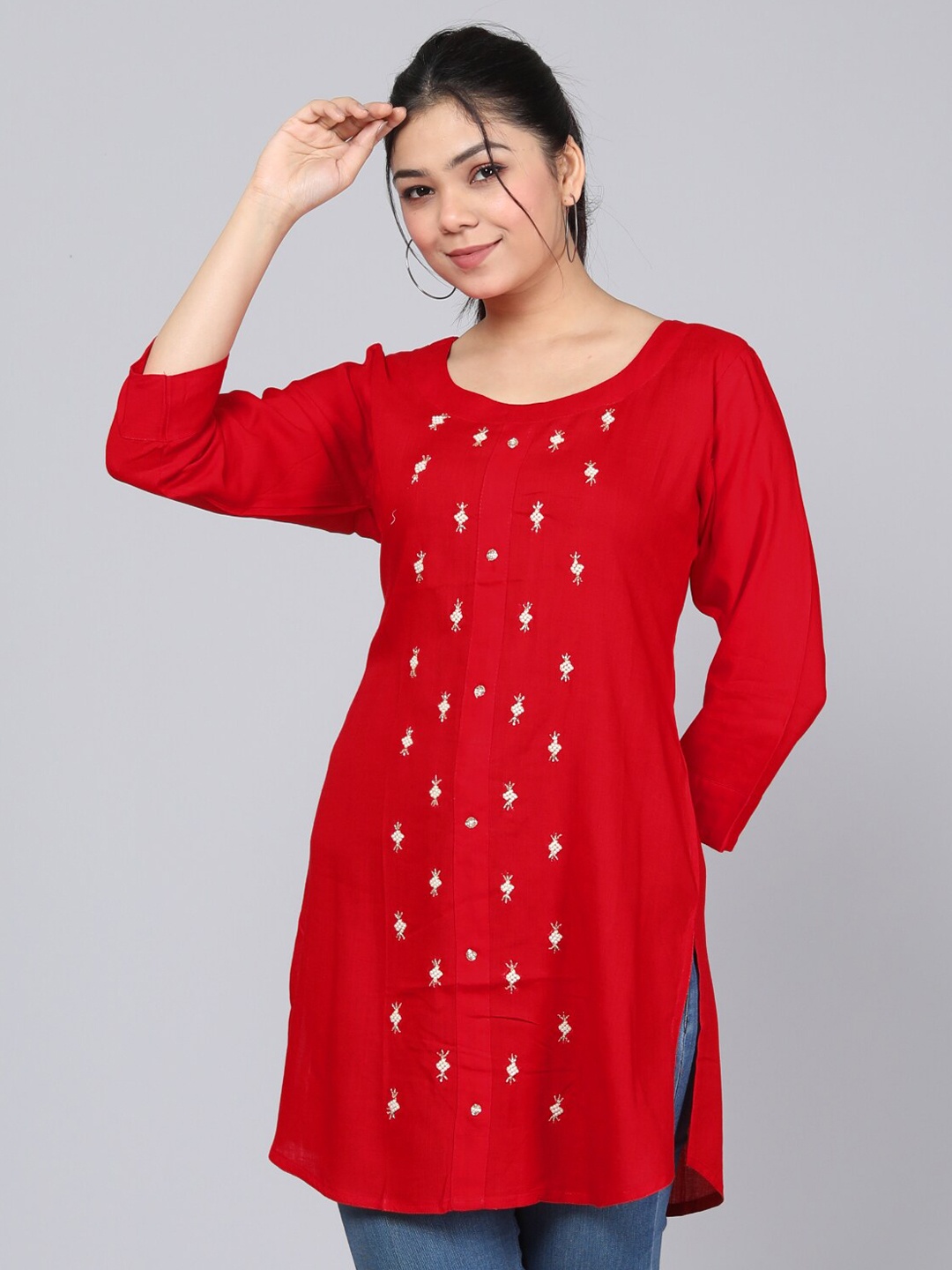 

HIGHLIGHT FASHION EXPORT Ethnic Motifs Embellished Sequinned Straight Kurti, Red