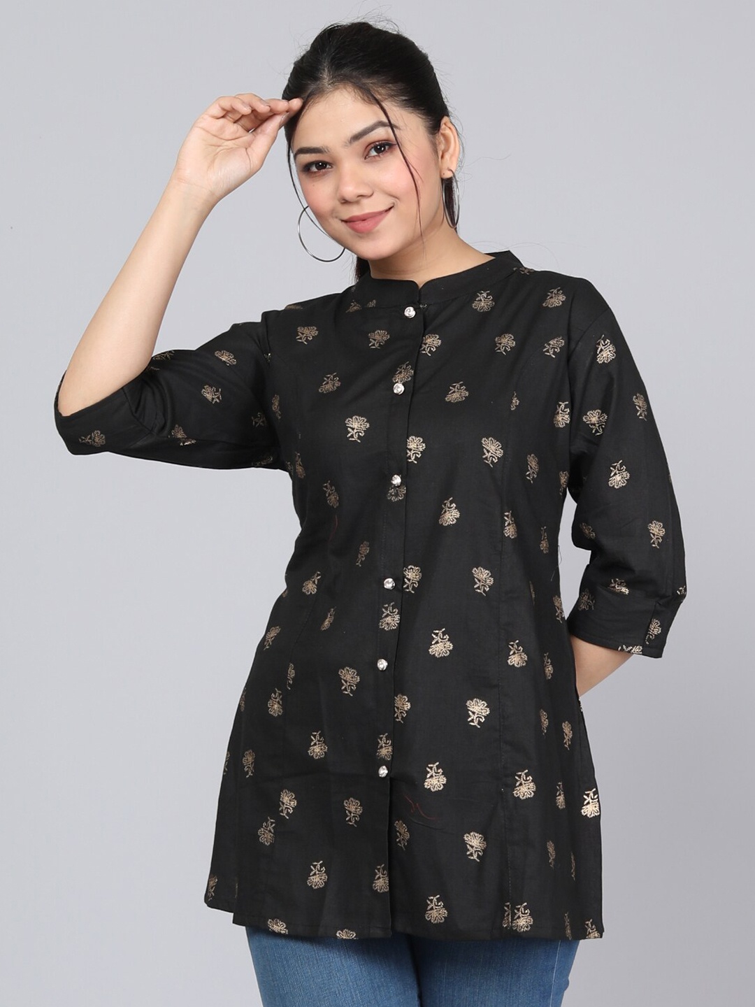 

HIGHLIGHT FASHION EXPORT Floral Printed Mandarin Collar Top, Black