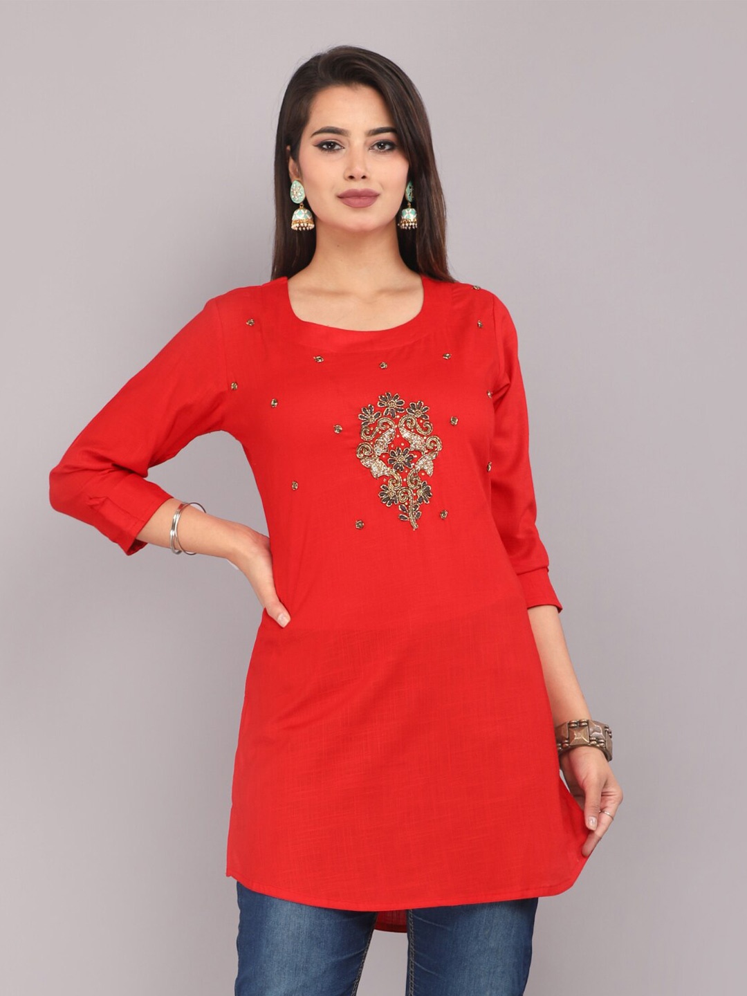 

HIGHLIGHT FASHION EXPORT Ethnic Motifs Embellished Sequinned Straight Kurti, Red