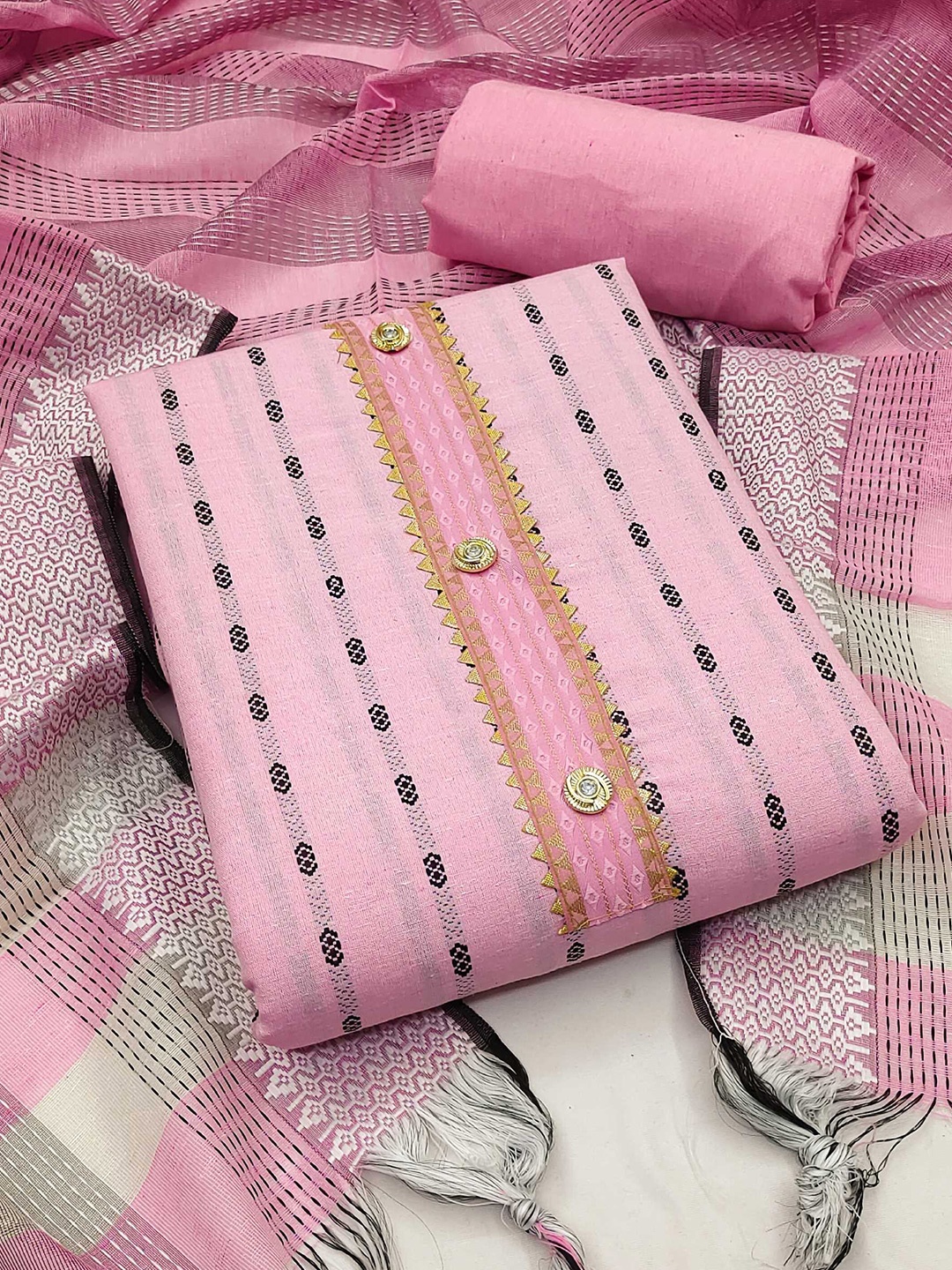 

KALINI Striped Woven Design Unstitched Dress Material, Pink
