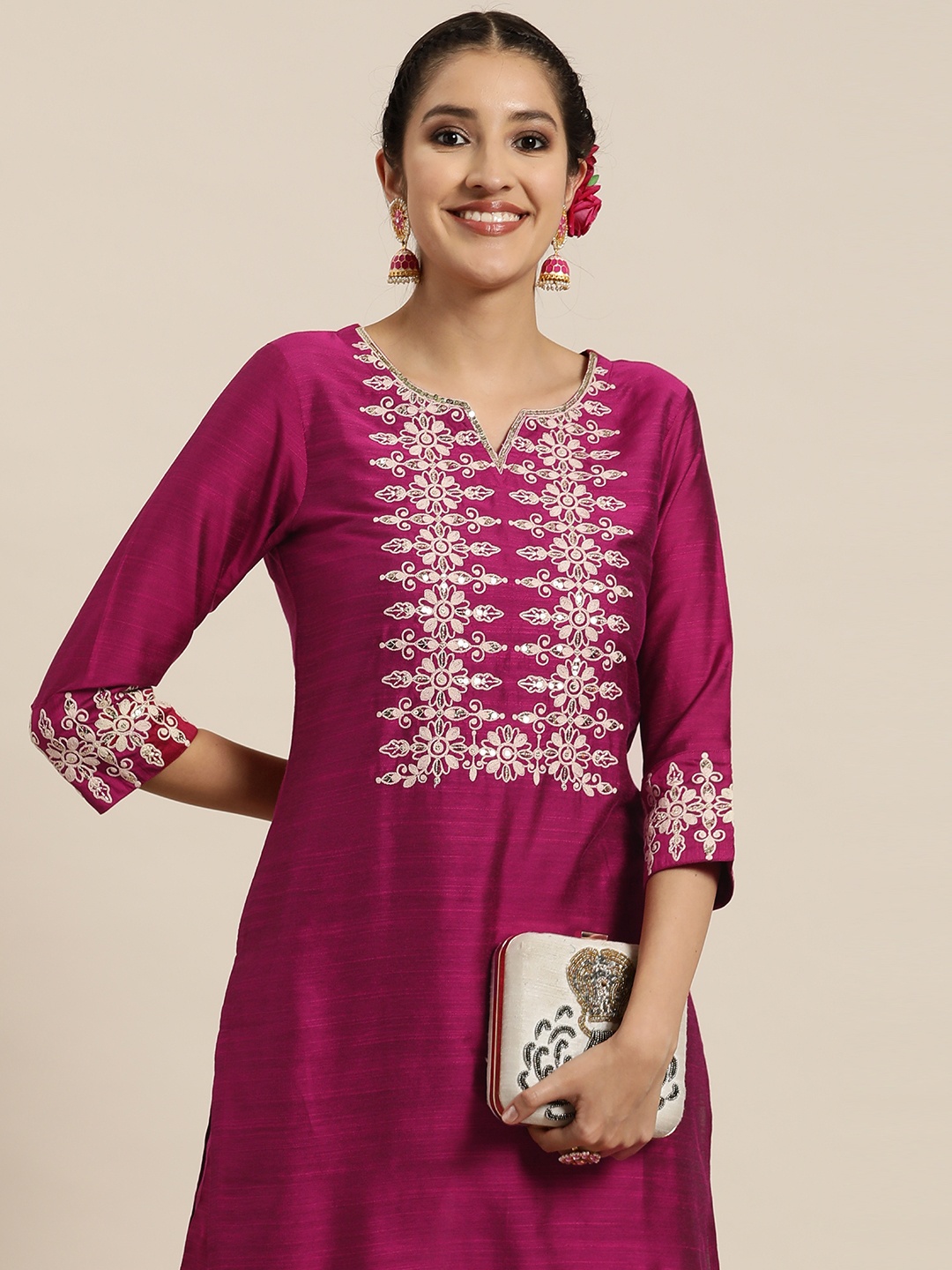 

HERE&NOW Ethnic Motifs Embroidered Regular Sequinned Kurta with Trousers, Pink