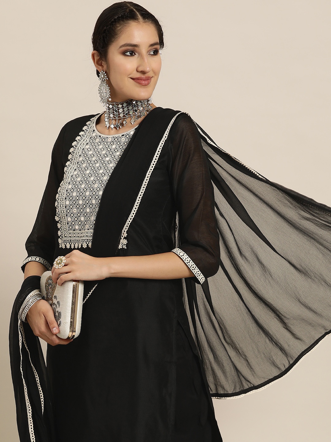 

HERE&NOW Floral Embroidered Regular Mirror Work Kurta with Trousers & Dupatta, Black