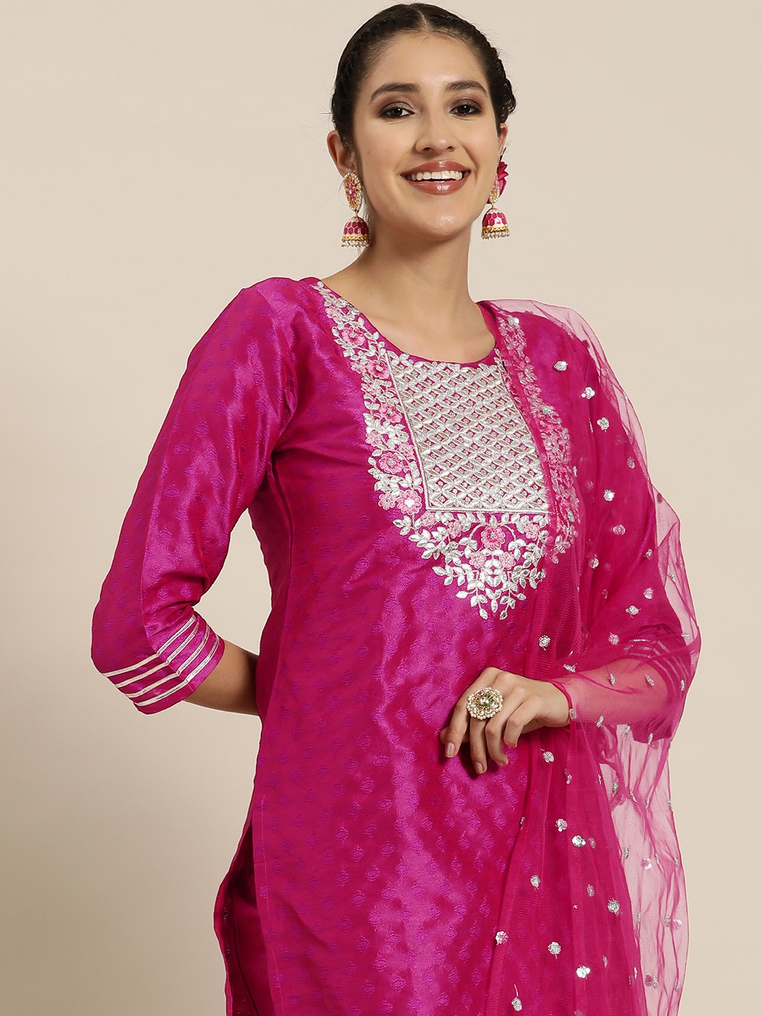 

HERE&NOW Ethnic Motifs Embroidered Regular Sequinned Kurta with Trousers & Dupatta, Magenta