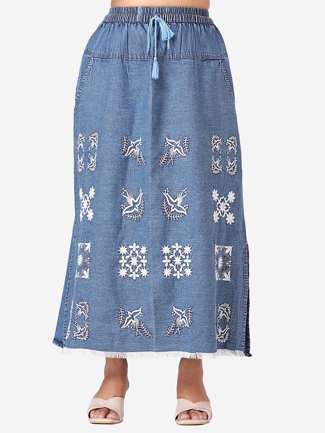 

SUMAVI-FASHION Embroidered Denim Flared Maxi Skirt, Blue