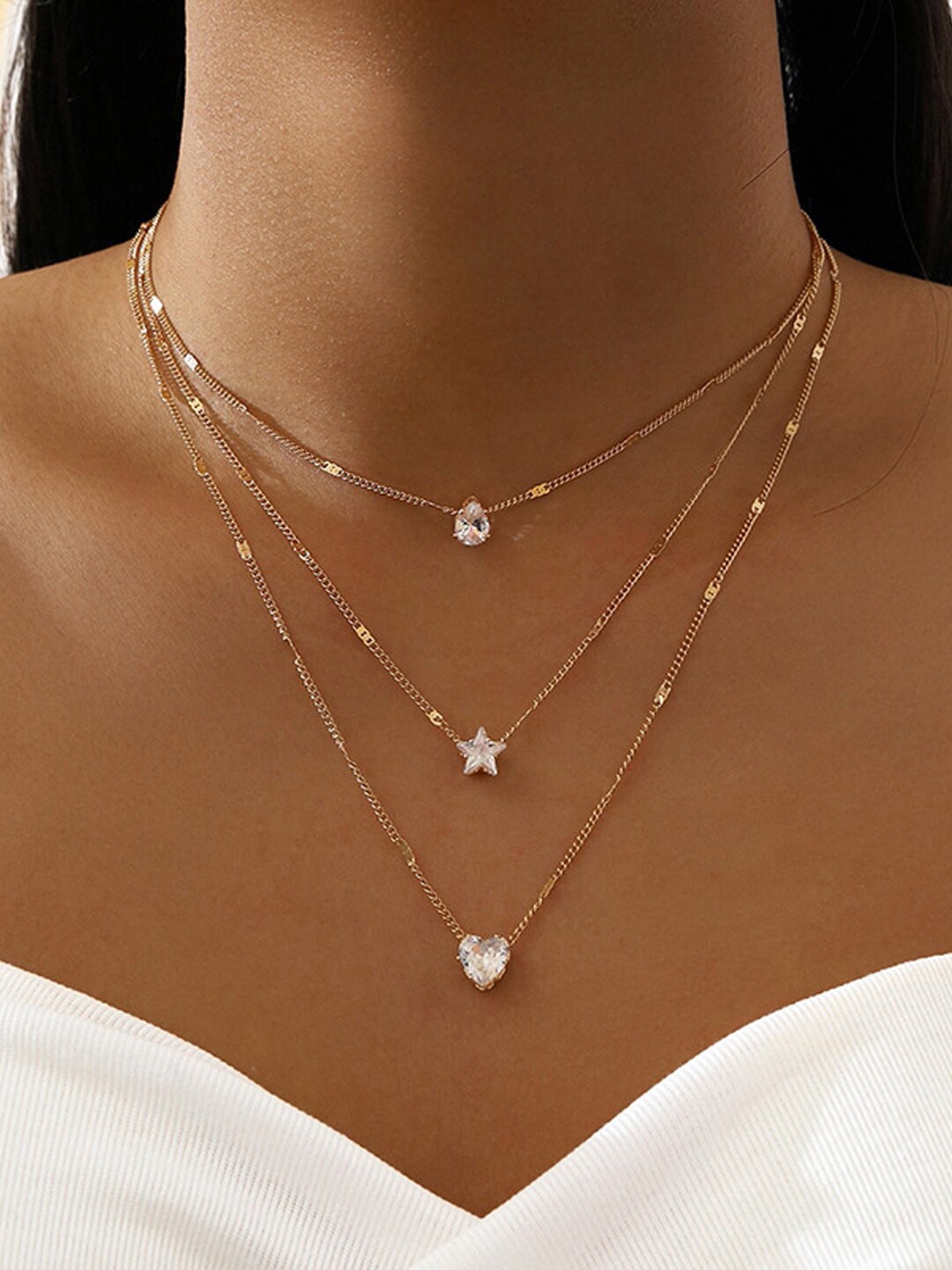 

Shining Diva Fashion Gold-Plated Crystal-Studded Layered Chain